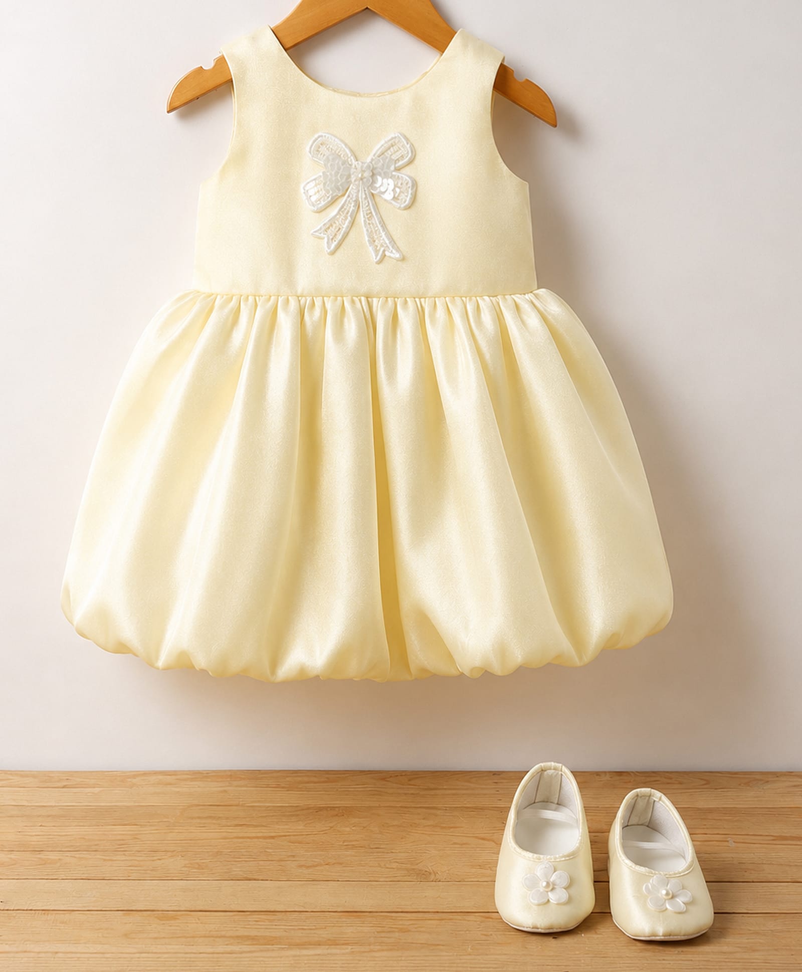 Blabber Sleeveless Sequins Embellished Bow Applique Detailed Knee Length Balloon Dress With Booties - Lemon-image-42