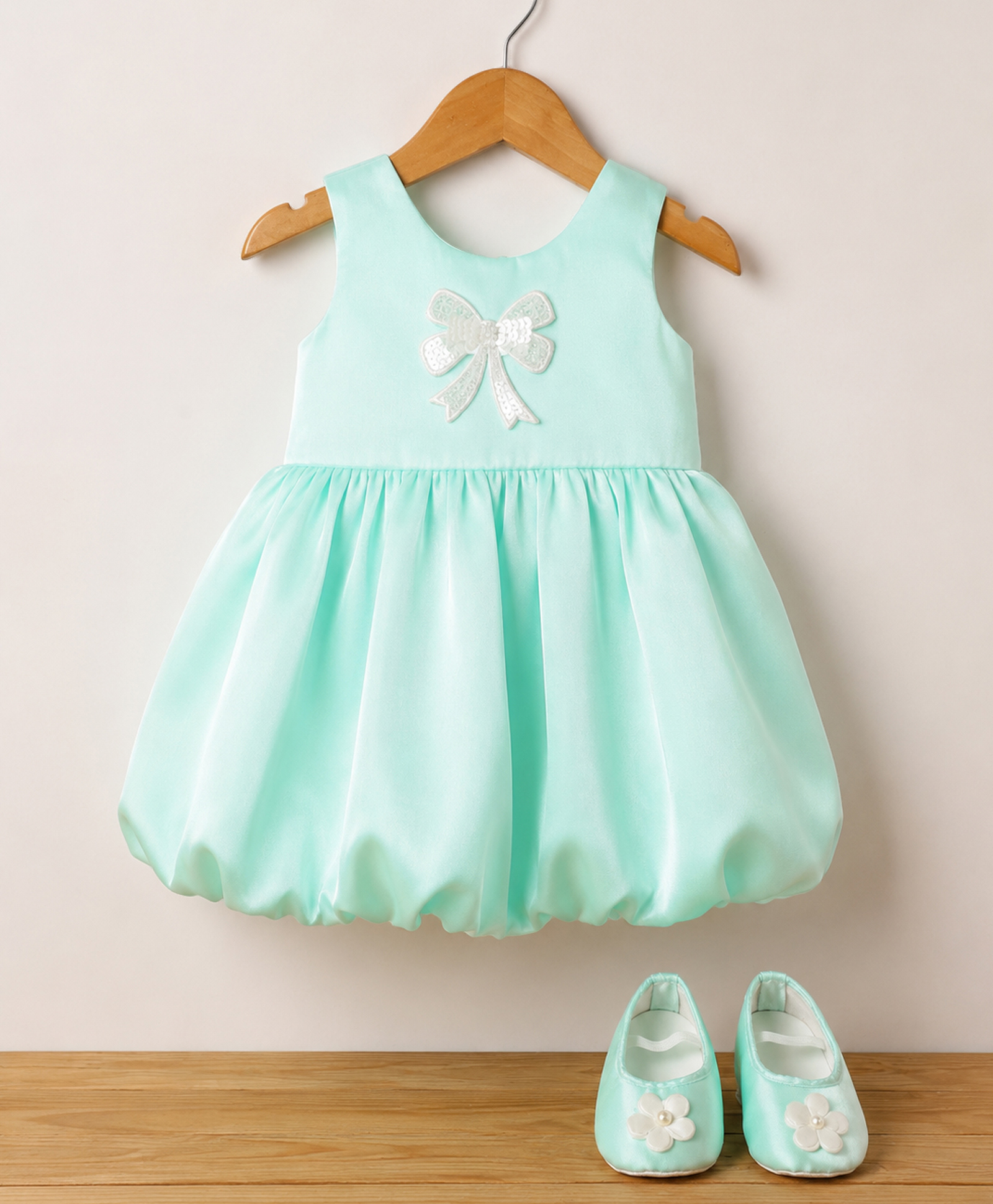 Blabber Sleeveless Sequins Embellished Bow Applique Detailed Knee Length Balloon Dress With Booties - Sea Green-image-46