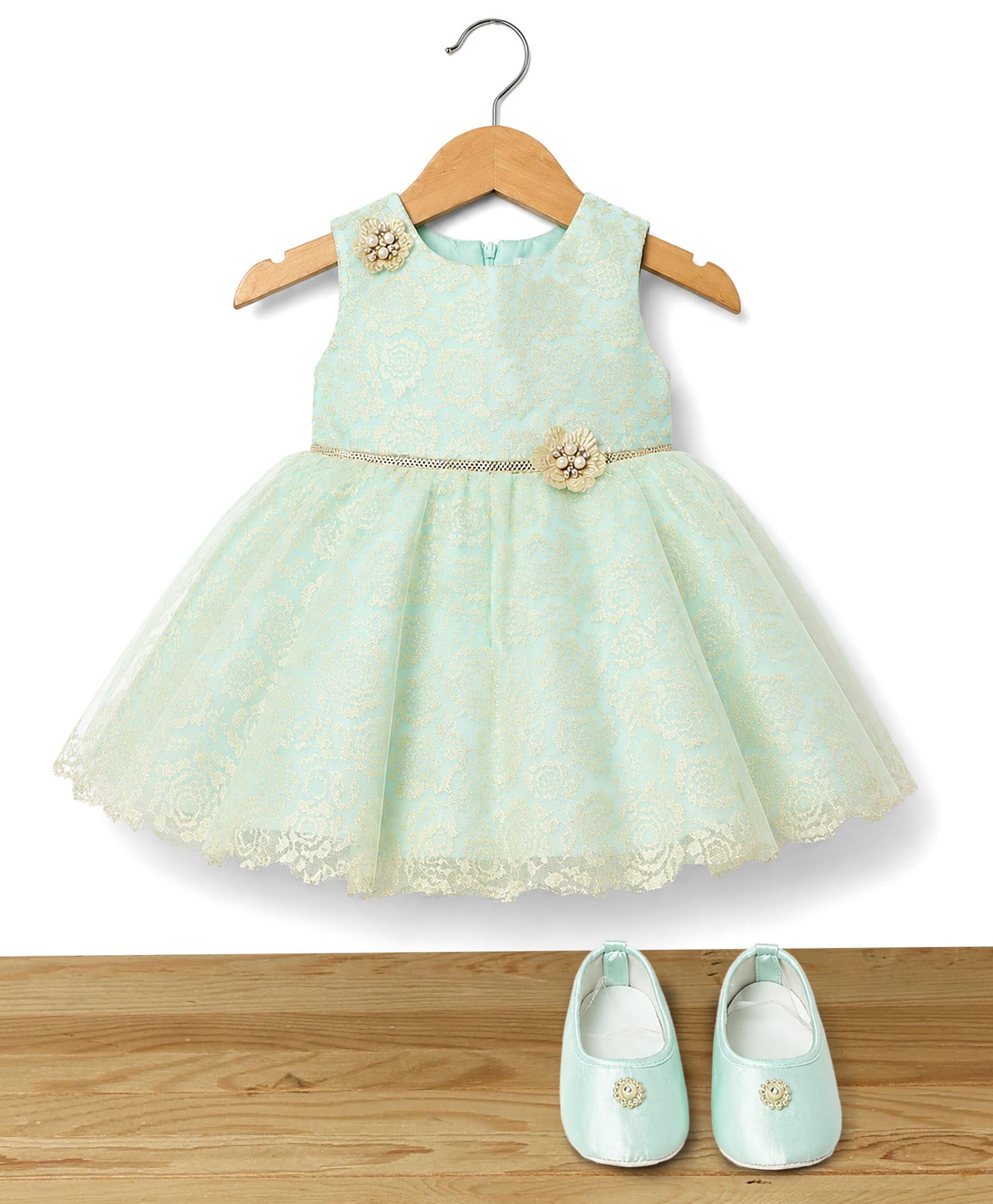 Blabber Sleeveless Pearl & Stone Embellished Floral Applique Detailed & Textured Knee Length Dress With Booties - Sea Green-image-6