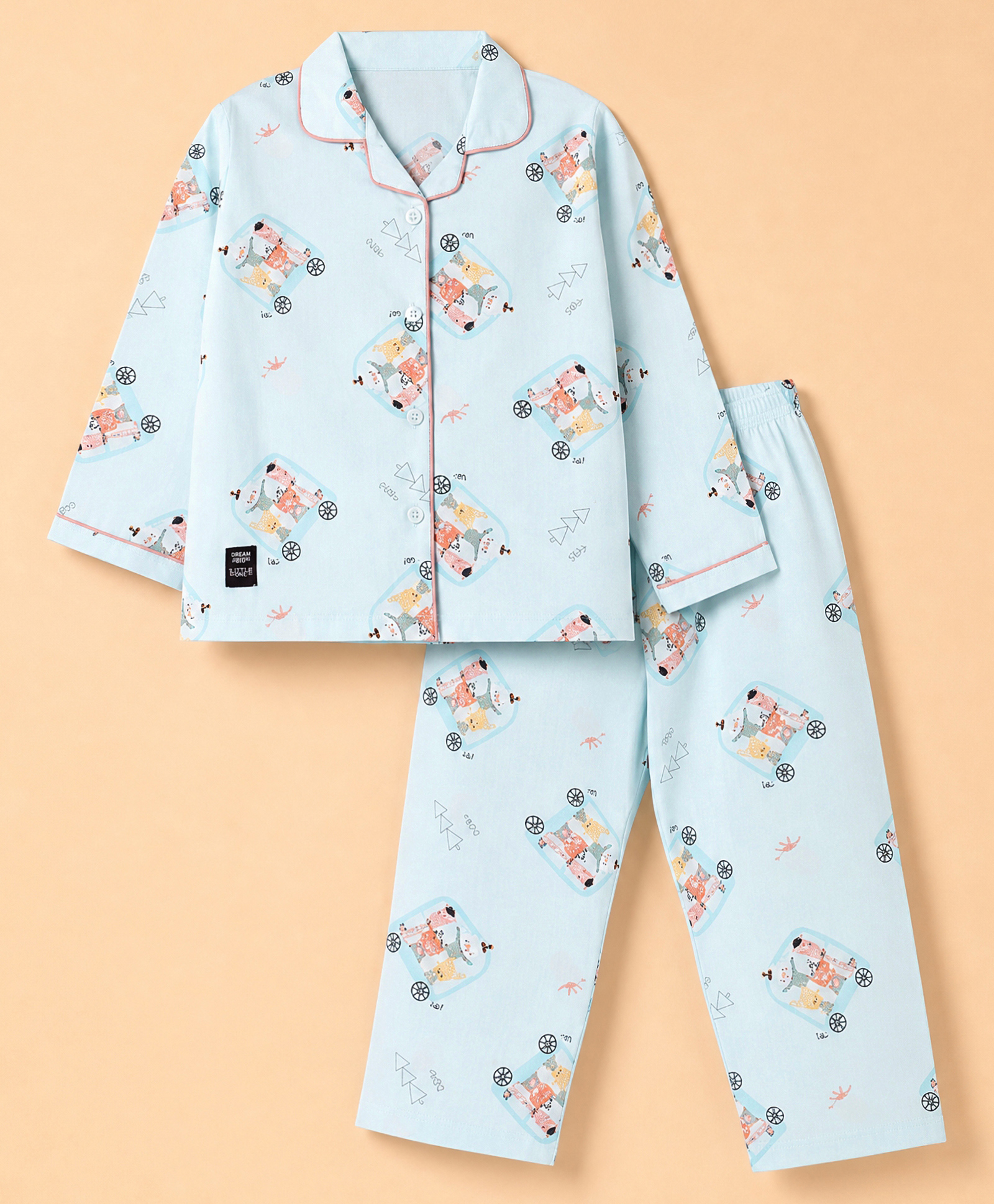 Enfance Core Cotton Woven Full Sleeves Co-Ords Shirt & Pyjama Night Suit with Animals Print - Light Blue-picture-31