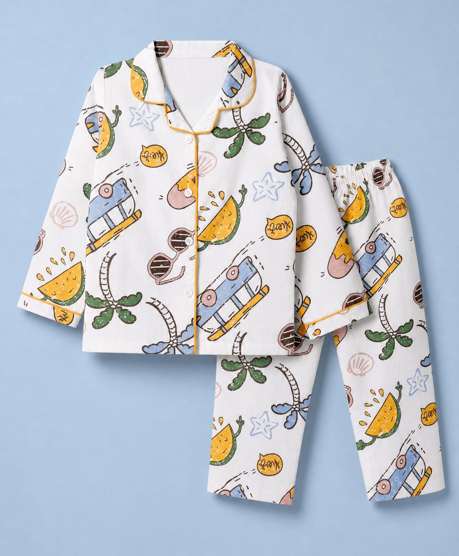 Enfance Core Cotton Woven Full Sleeves Co-Ords Shirt & Pyjama Night Suit with Palm Tree & Van Print - Yellow-picture-34