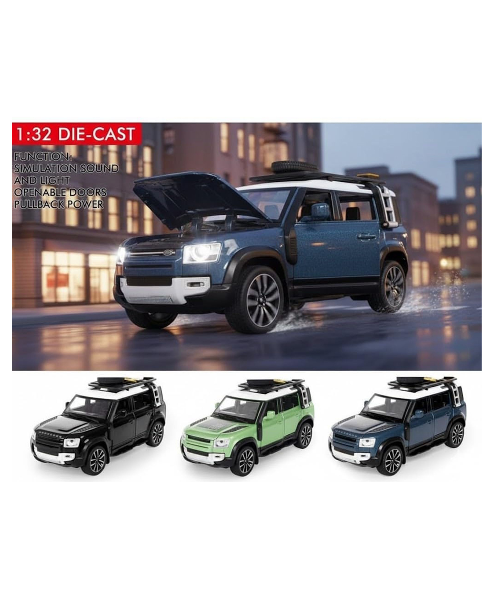 AKN TOYS Defender Die Cast Car 1:28 Scale Alloy Metal Model with Pull Back Action, Lights & Sound, Openable Doors & Hood - PACK OF - 1 - ( COLOR MAY VARY )-picture-1