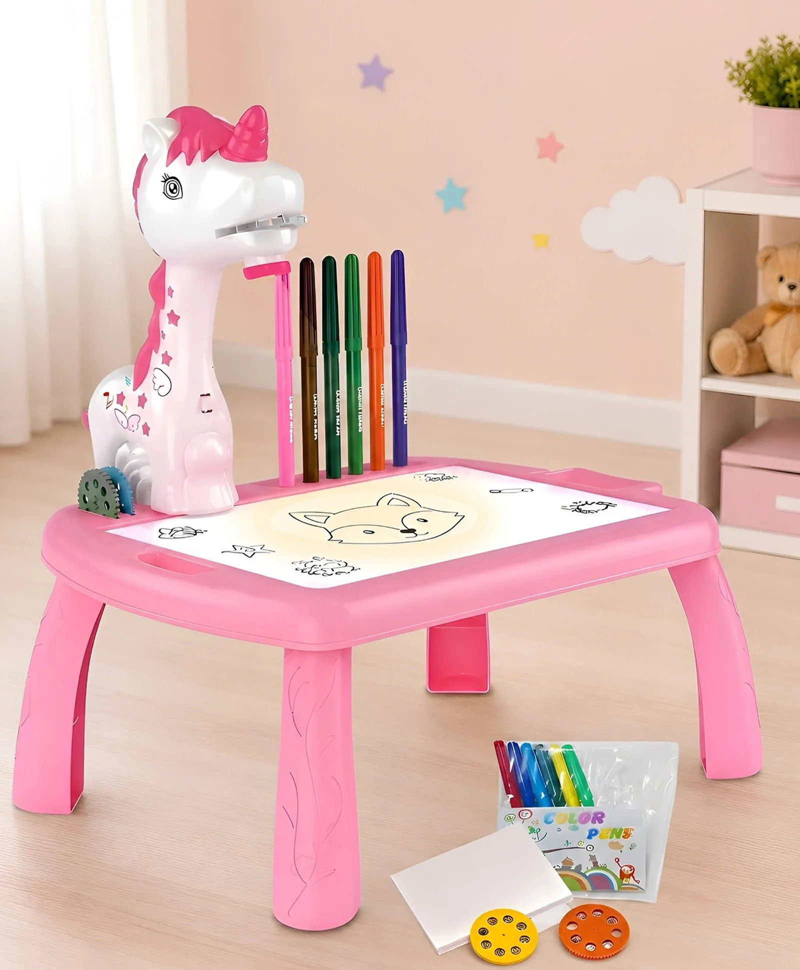 AKN TOYS Unicorn Graffiti Projector Drawing Table for Kids Educational Art & Tracing Toy with Projector, Markers & Drawing Slides for Kids - PACK OF - 1 - ( COLOR MAY VARY )-picture-8