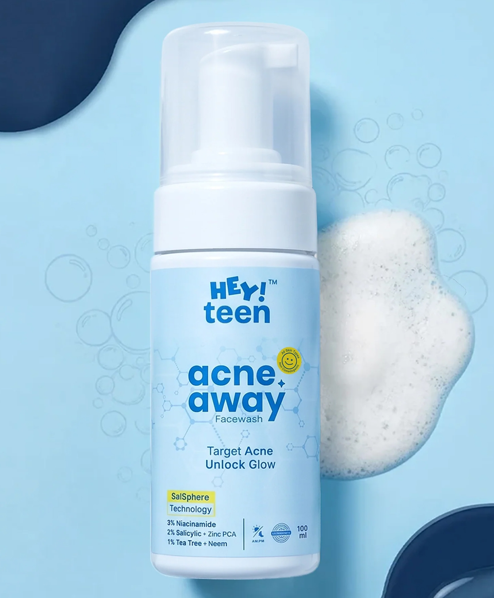 HEY TEEN Acne Face Wash for Teens & Kids | Foaming Cleanser | Helps Reduce Pimples, Acne & Excess Oil | with Niacinamide, Neem & Zinc PCA | Daily Face Wash for Oily Skin - 100 ml-image-2