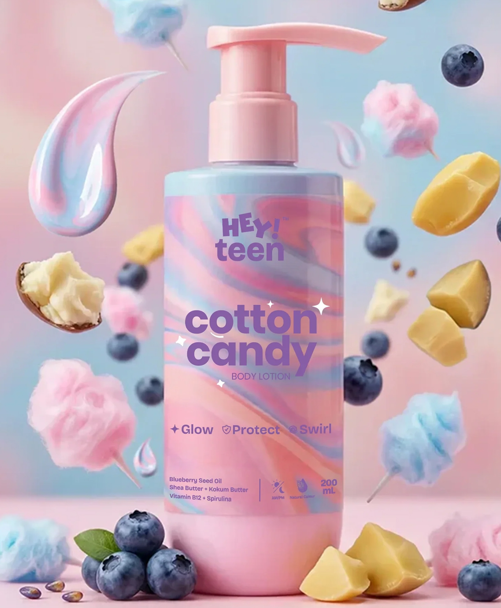 HEY TEEN Vitamin B12 & Blueberry Oil Body Lotion for Kids & Teens (5+) with Shea Butter & Kokum Butter | Cotton Candy Glow | SPF 15 Gentle Hydration - 200ml-image-3