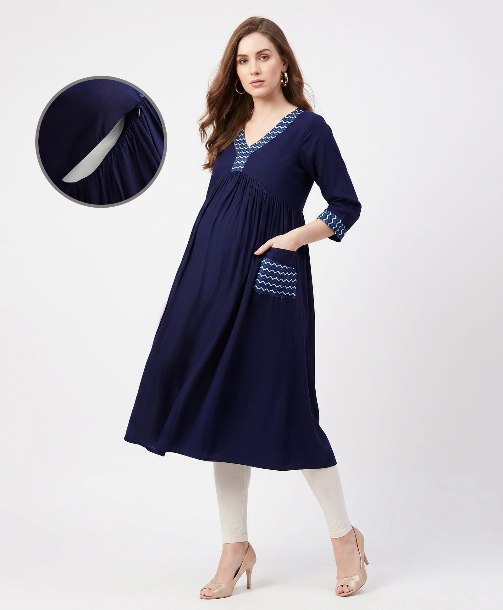 Bella Mama Woven Three Fourth Sleeves Maternity Solid Kurta With Highlighted Neck - Blue-image-39