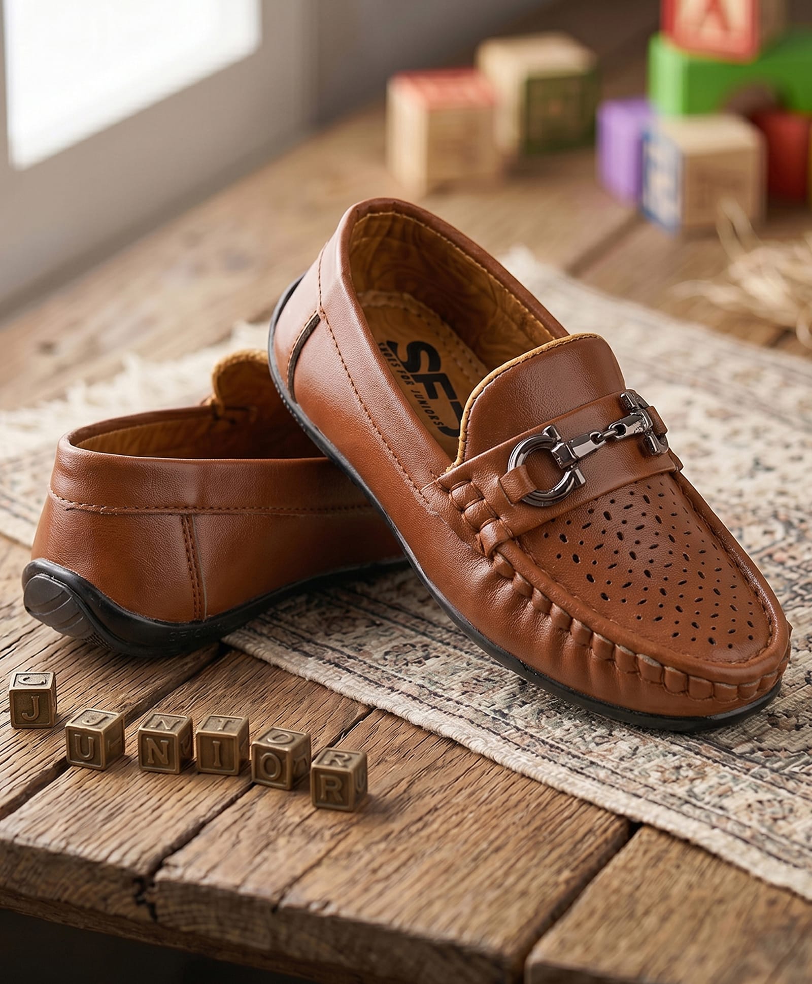 SHOES FOR JUNIORS Metal Applique Detailed Slip On Loafers - Tan-picture-28