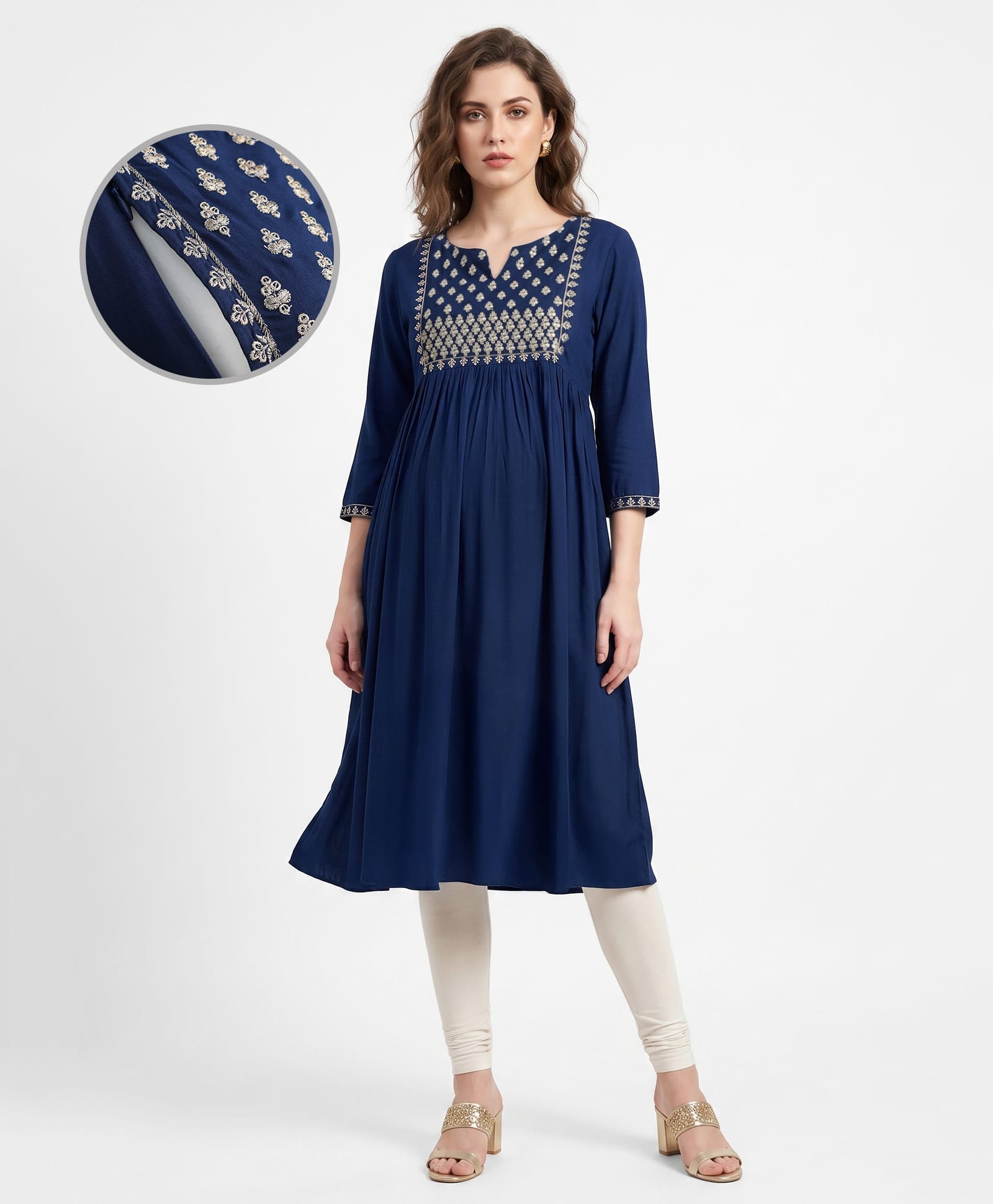 Bella Mama Woven Three Fourth Sleeves Maternity Kurta With Floral Embroidery - Navy Blue-picture-13