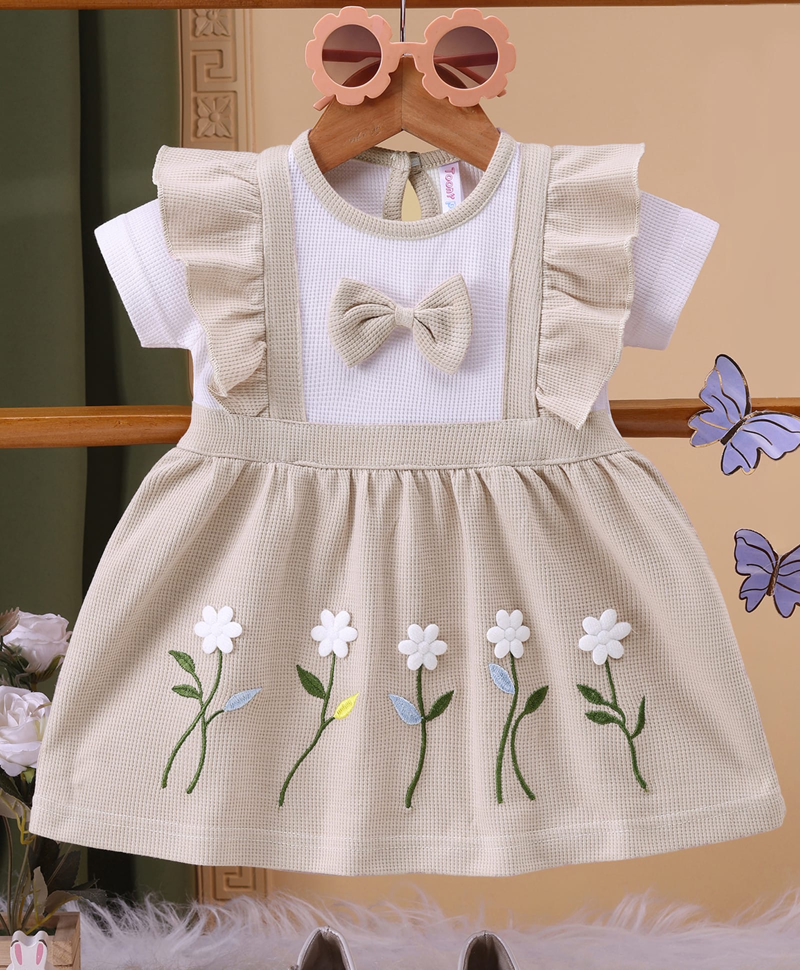 Toonyport Cotton Knit Half Sleeves Bow & Floral Applique Frill Detailed Dress - Beige-image-45