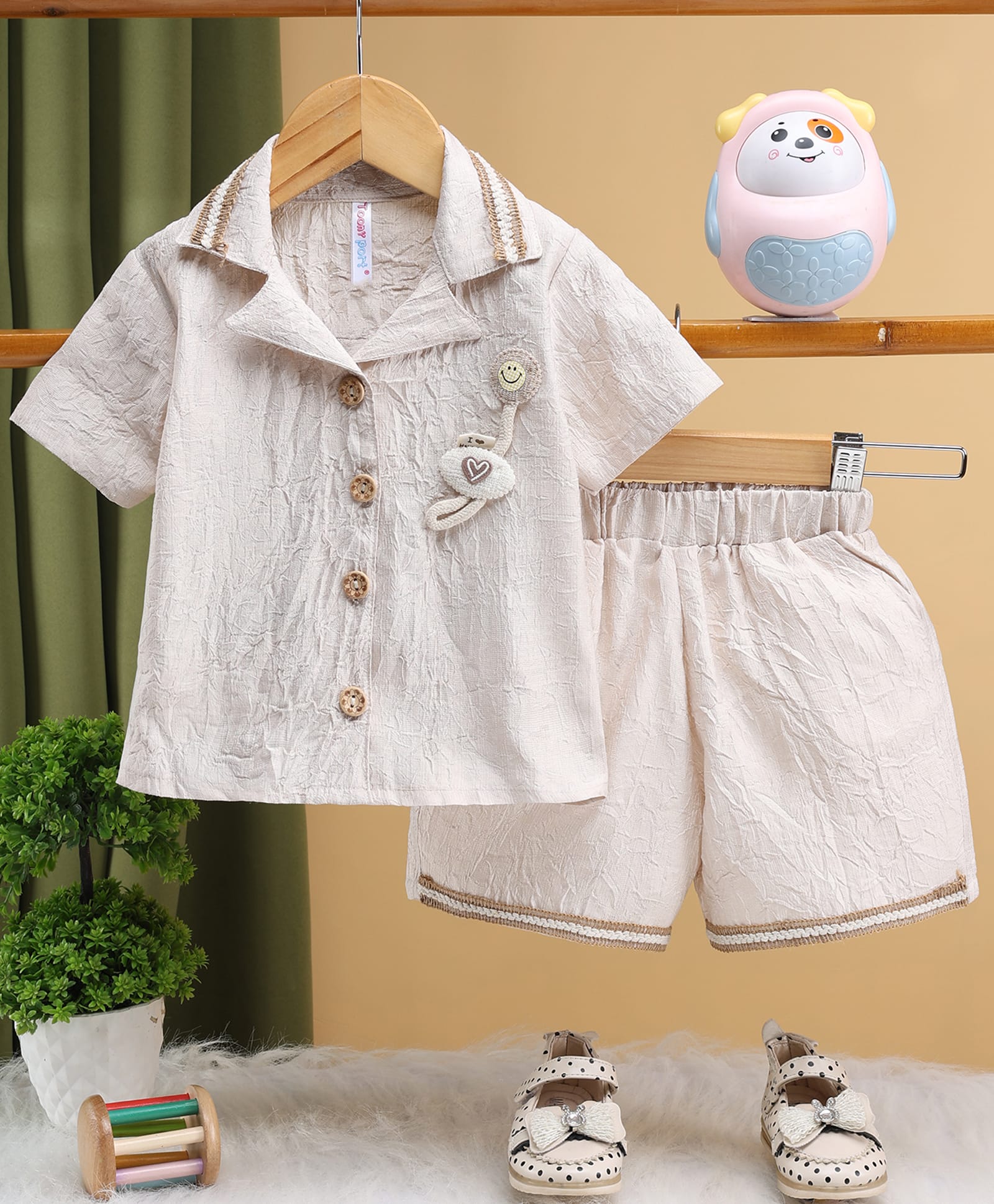 TOONYPORT Cotton Knit Half Sleeves Heart Applique Detailed Shirt & Shorts Set - Beige-image-17