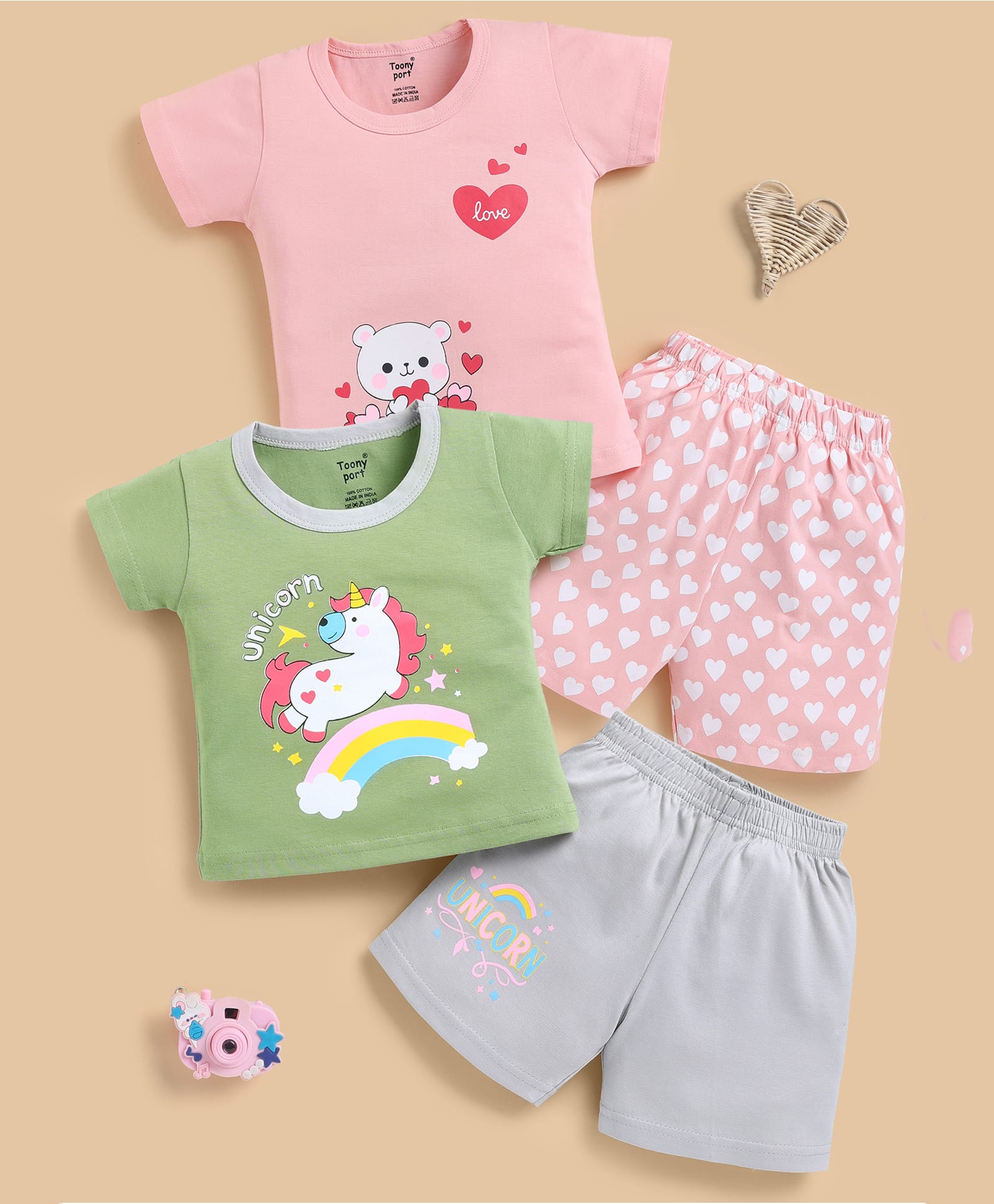 TOONYPORT Cotton Knit Pack Of 2 Half Sleeves Unicorn & Teddy Printed Tees & Shorts Set - Pink & Green-image-25