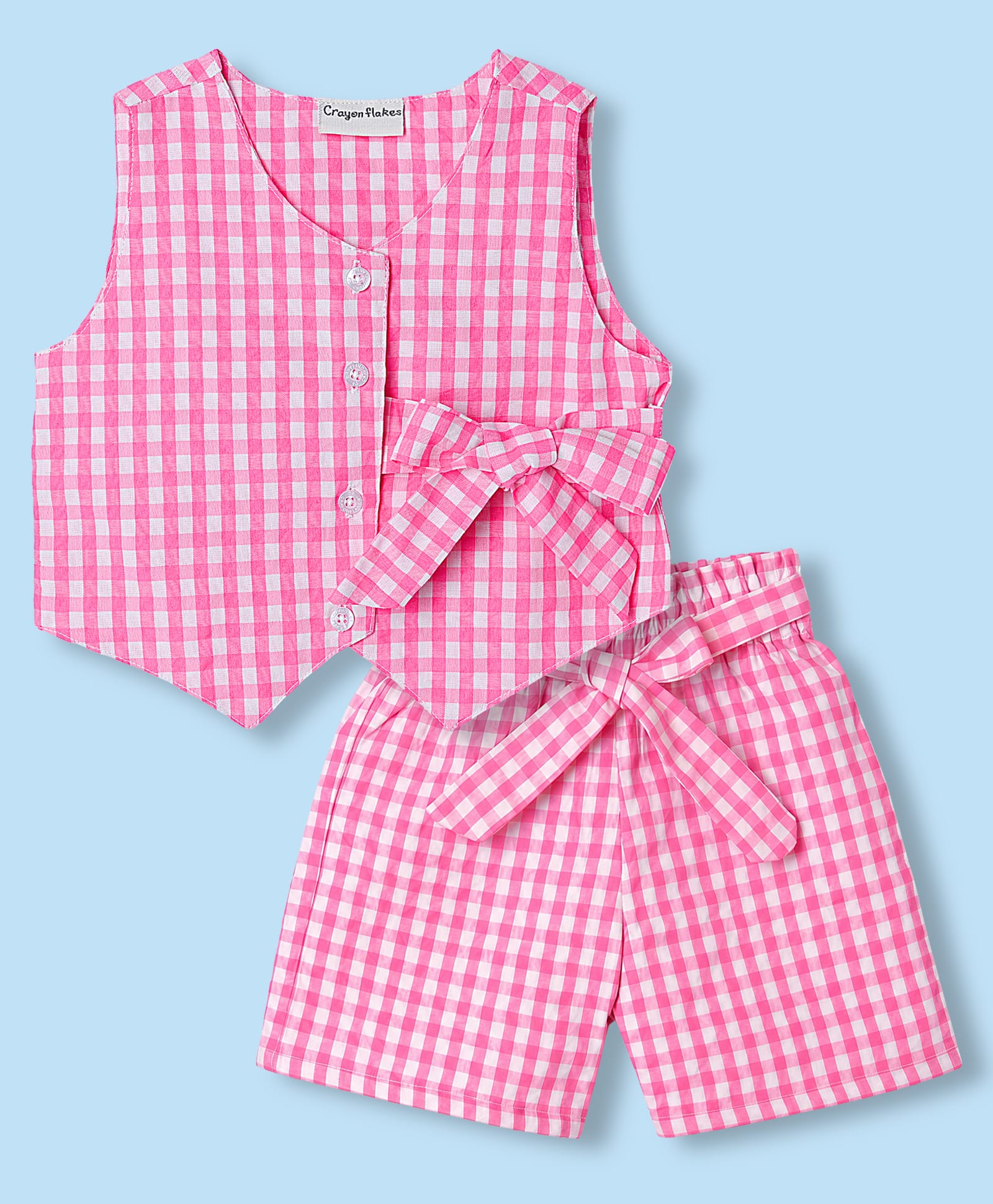 CrayonFlakes Cotton Woven Sleeveless Checked Coordinating Top & Shorts Set - Pink-picture-15