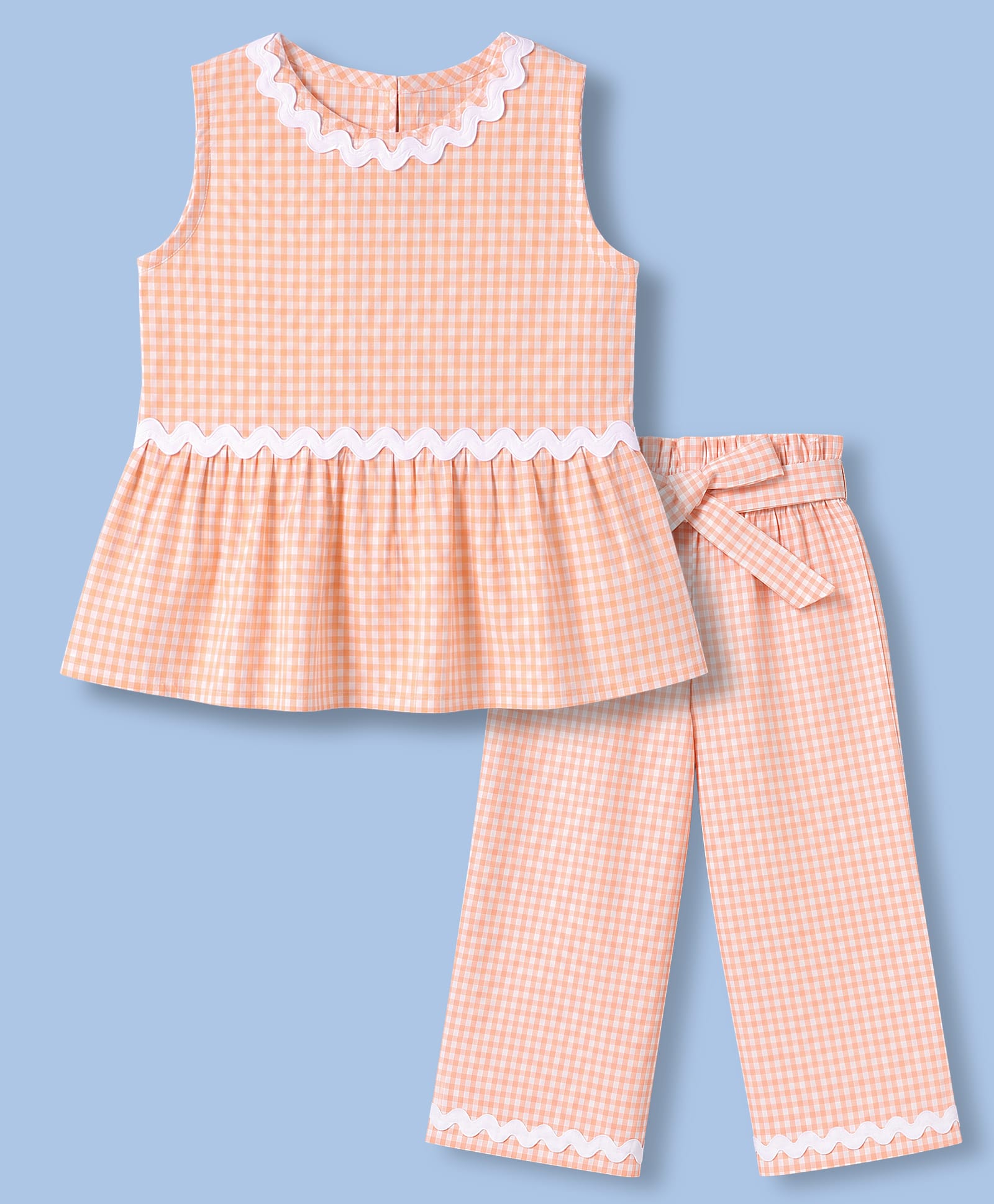 CrayonFlakes Rayon Woven Sleeveless Checked Coordinating Top & Pants Set - Orange-picture-7