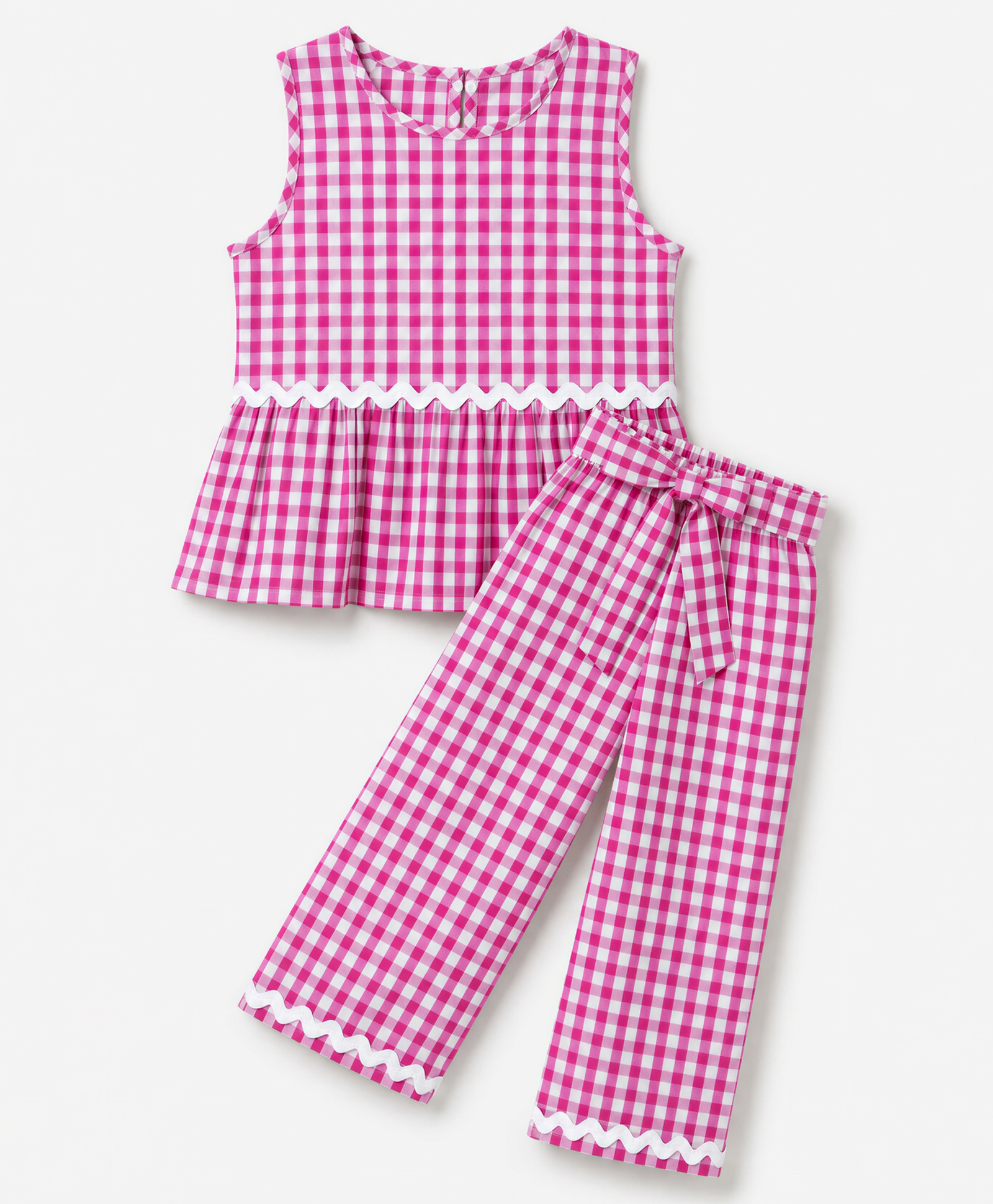 CrayonFlakes Rayon Woven Sleeveless Checked Coordinating Top & Pants Set -Pink-image-38