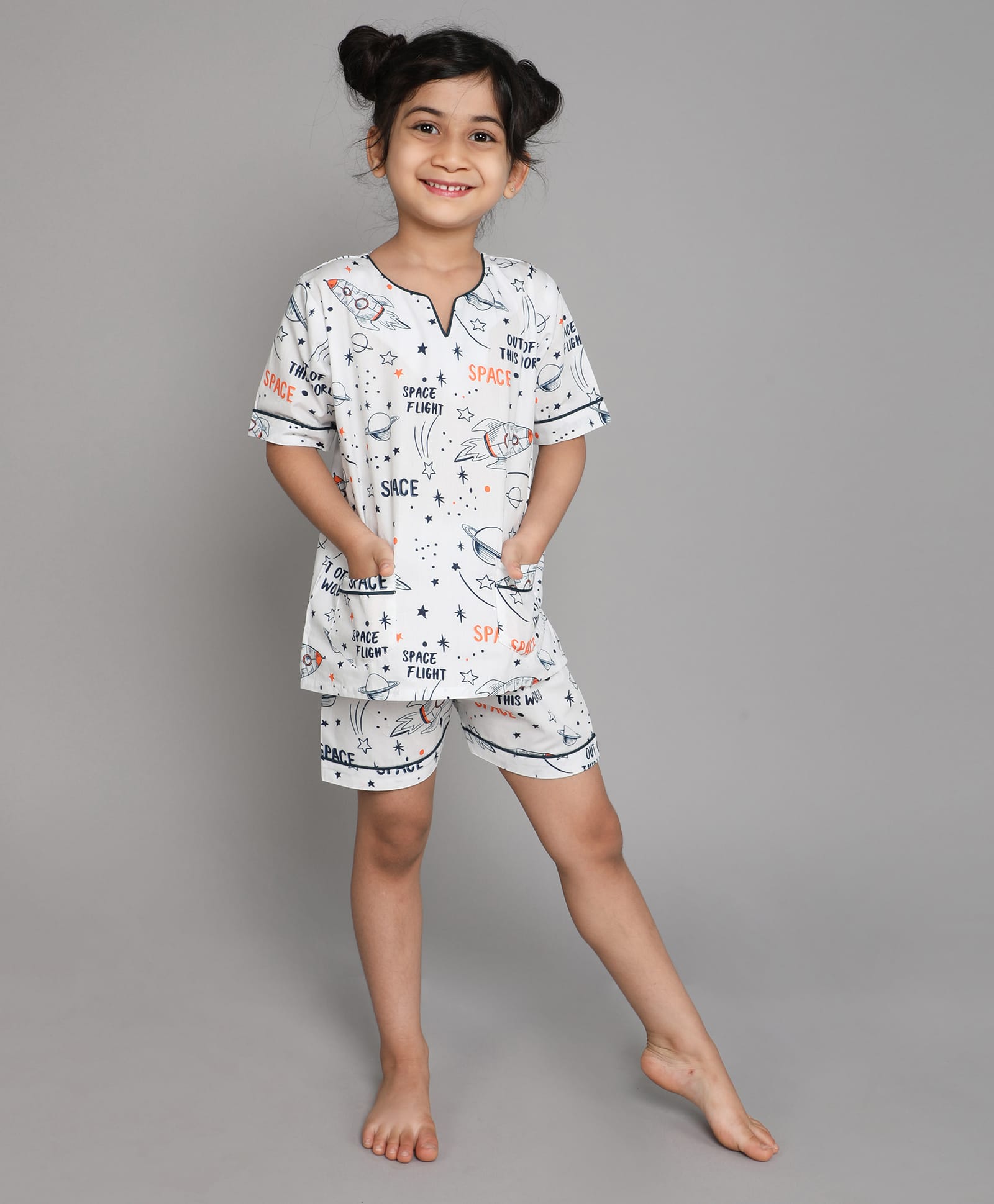 Little Clothing Cotton Woven Half Sleeves Space Printed Coordinating Top & Shorts Night Suit - White-picture-14
