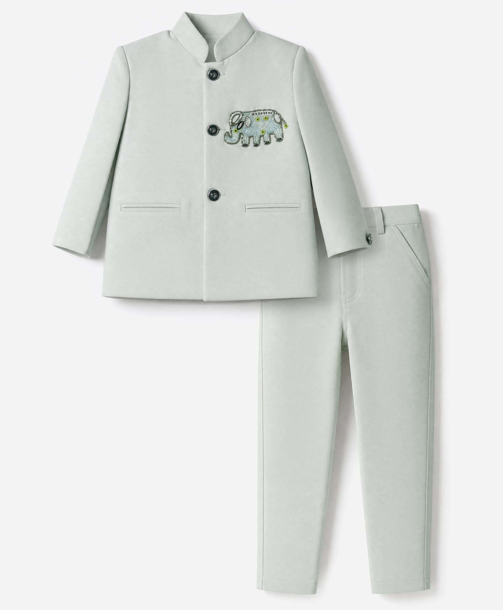Dapper Dudes Cotton Woven Full Sleeves Elephant Handwork Embroidery Blazer With Pant Set - Light Green-picture-20
