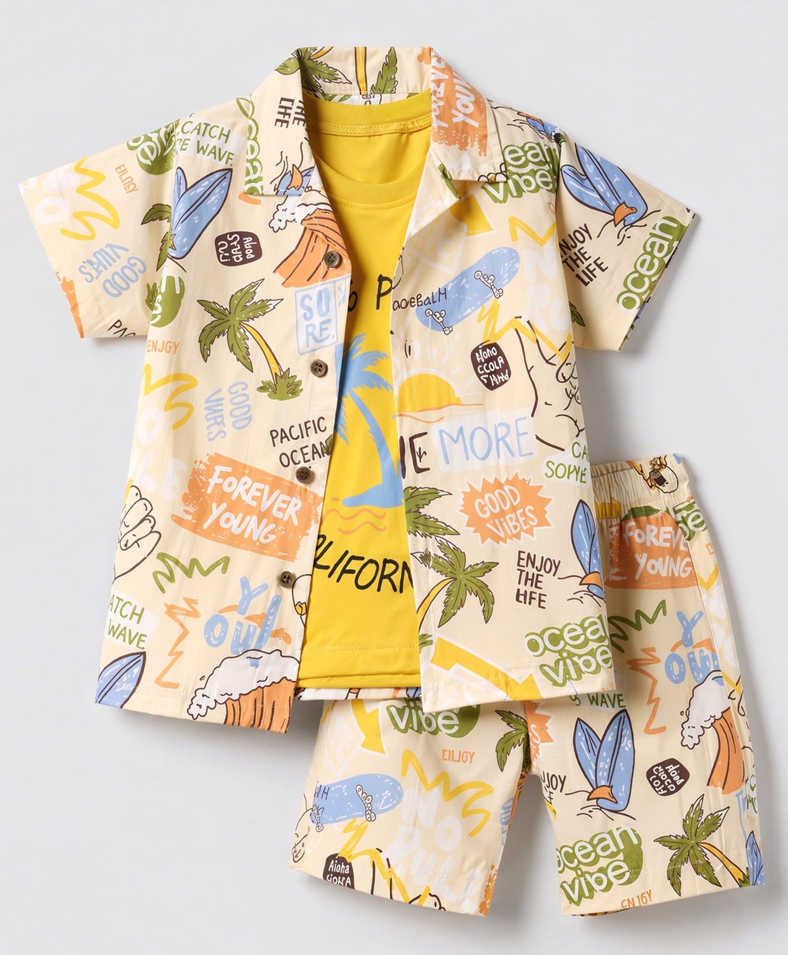 Dapper Dudes Cotton Knit Woven Half Sleeves Beach Printed Shirt With Shorts & Tee Co-ords Set - Mustard-picture-32
