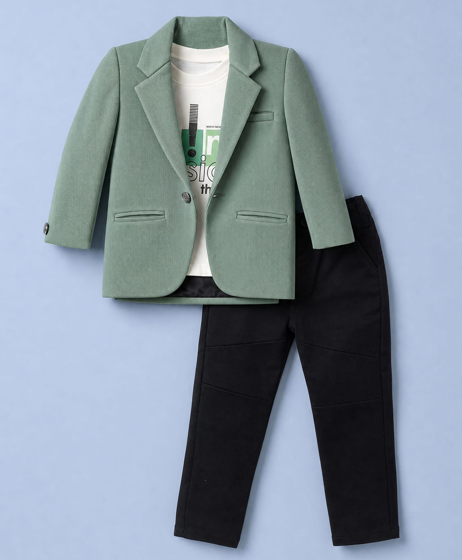 Dapper Dudes Cotton Woven Full Sleeves Textured Blazer With Text Printed Tee & Pant Set - Green & Black-picture-13