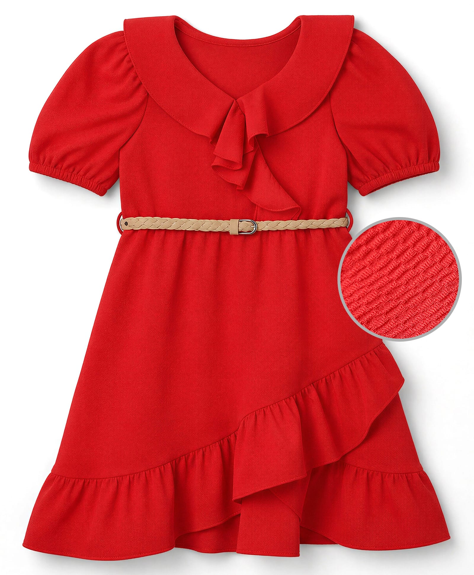 Hola Bonita Knit Half Sleeves Solid Dress With Belt and Ruffled Hem - Red-image-6