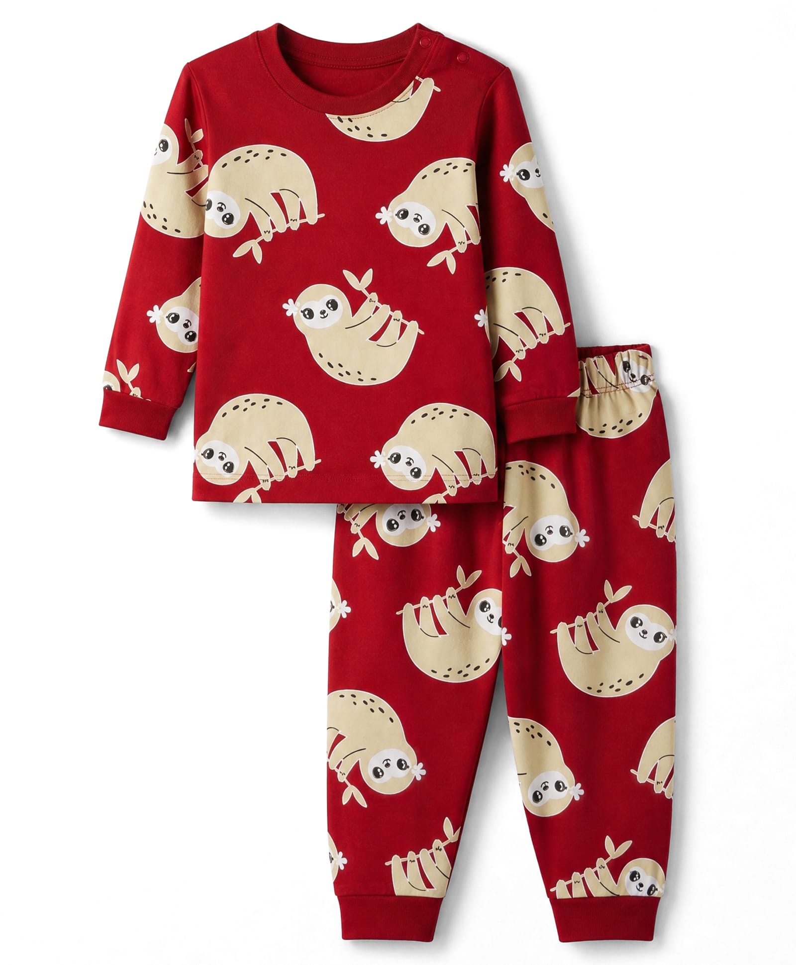 Babyoye 100% Cotton Knit Full Sleeves T-Shirt & Pyjama Night Suit Co-Ords Set With Sloth Print - Red-picture-3