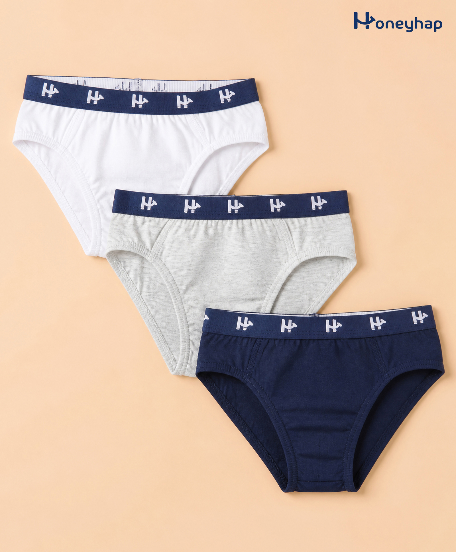 Honeyhap Premium Cotton Elastane Knit Solid Briefs with Bio Finish Pack of 3 - Bright White, Navy Peony, White Melange-picture-18