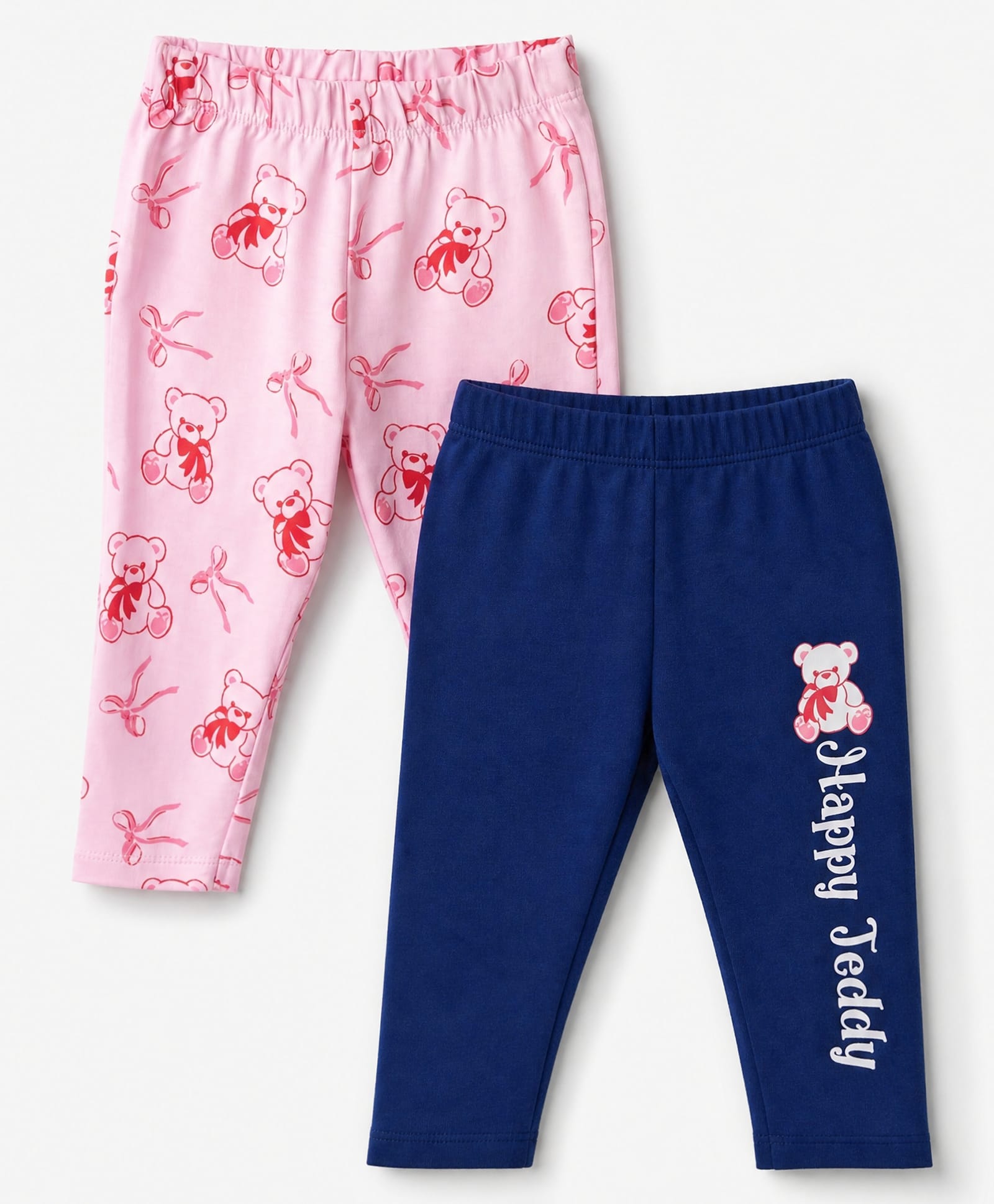 Doodle poodle 100% cotton Single Jersey Knit full length Bow & Teddy Bear printed leggings pack of 2 - Pink Blue-image-6