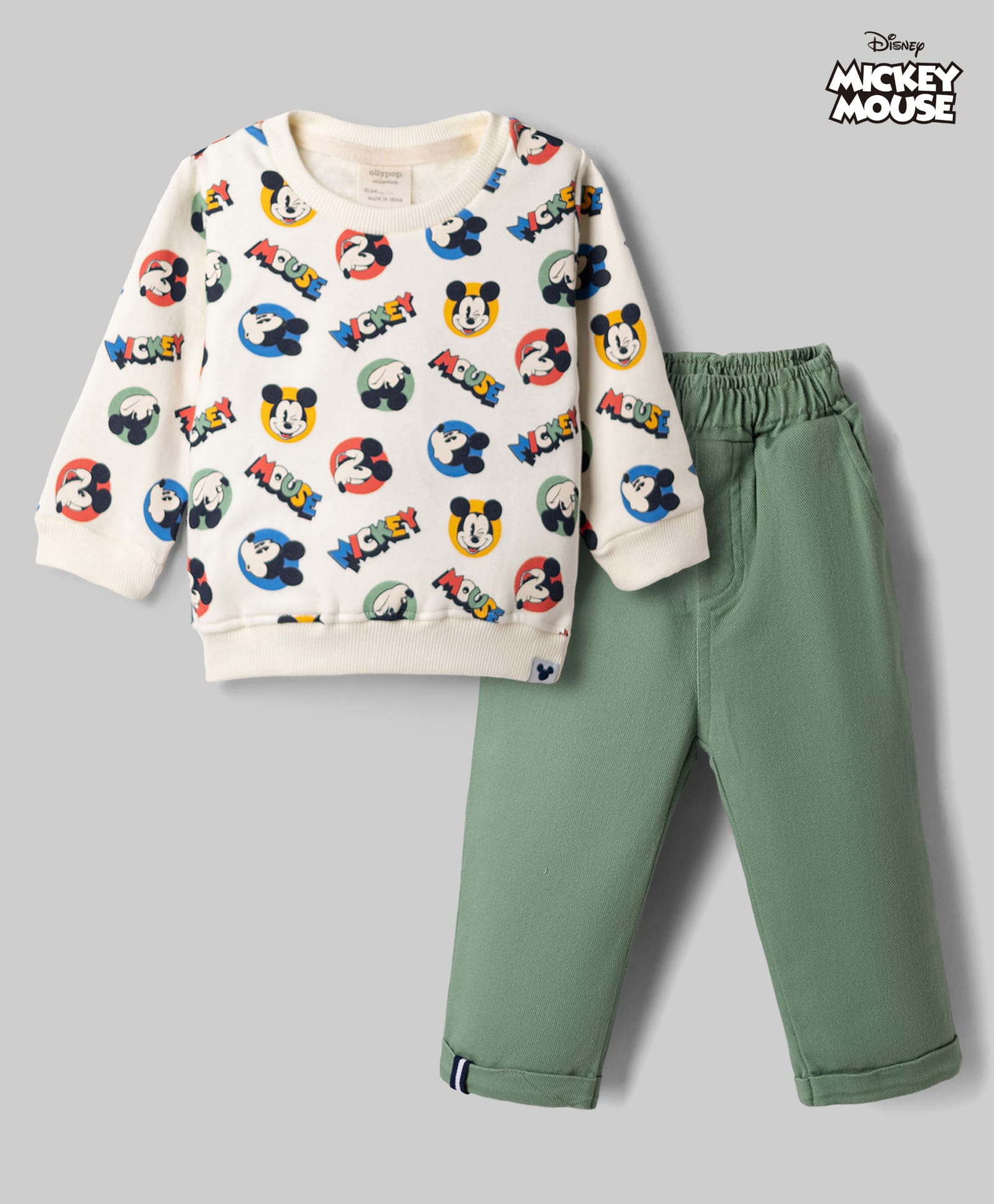 Ollypop Disney Fleece Knit Full Sleeves Winter Wear Suit With Mickey Mouse Graphic - Cream & Olive Green-image-16
