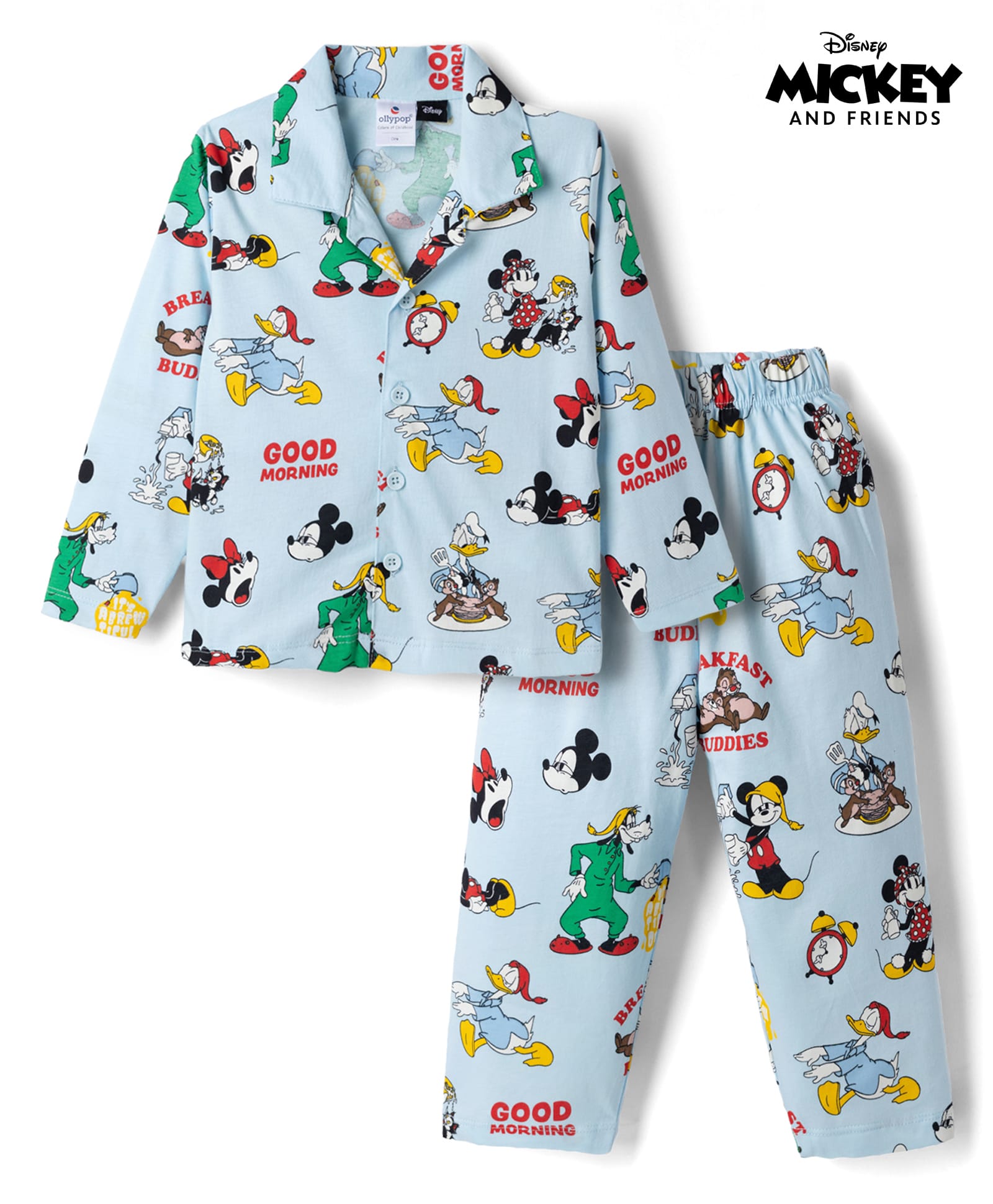 Ollypop Sinker Knit Full Sleeves Co-Ords Shirt & Pyjama Night Suit with Mickey Mouse And Friends Graphics - Sky Blue-picture-33