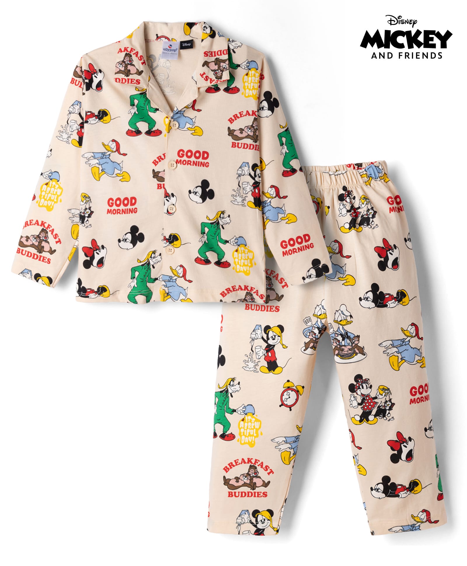 Ollypop Sinker Knit Full Sleeves Co-Ords Shirt & Pyjama Night Suit with Mickey Mouse And Friends Graphics - Pink-picture-1
