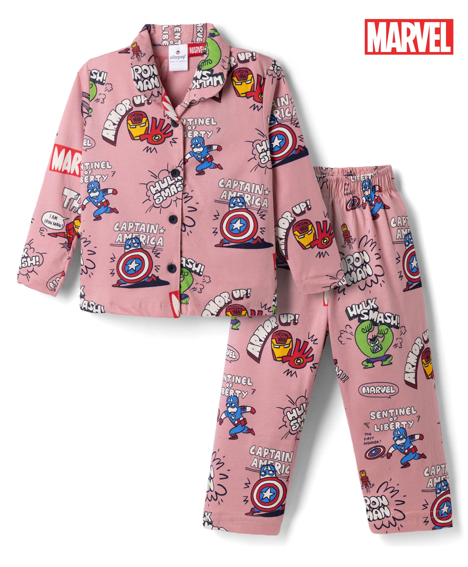 Ollypop Sinker Knit Full Sleeves Co-Ords Shirt & Pyjama Night Suit with Marvel Graphics - Pink-picture-34