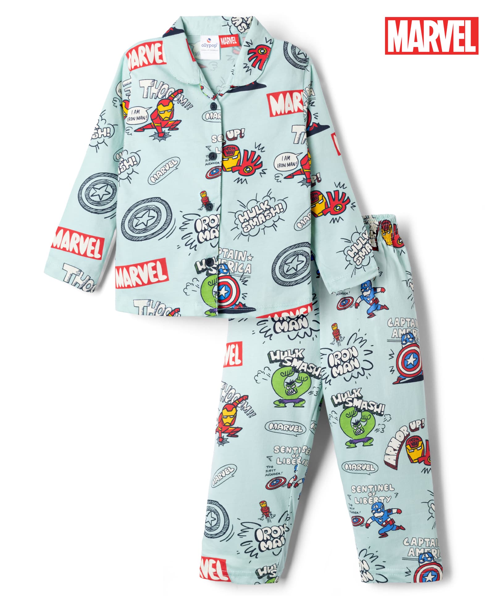 Ollypop Sinker Knit Full Sleeves Co-Ords Shirt & Pyjama Night Suit with Marvel Graphics - Sea Green-picture-6