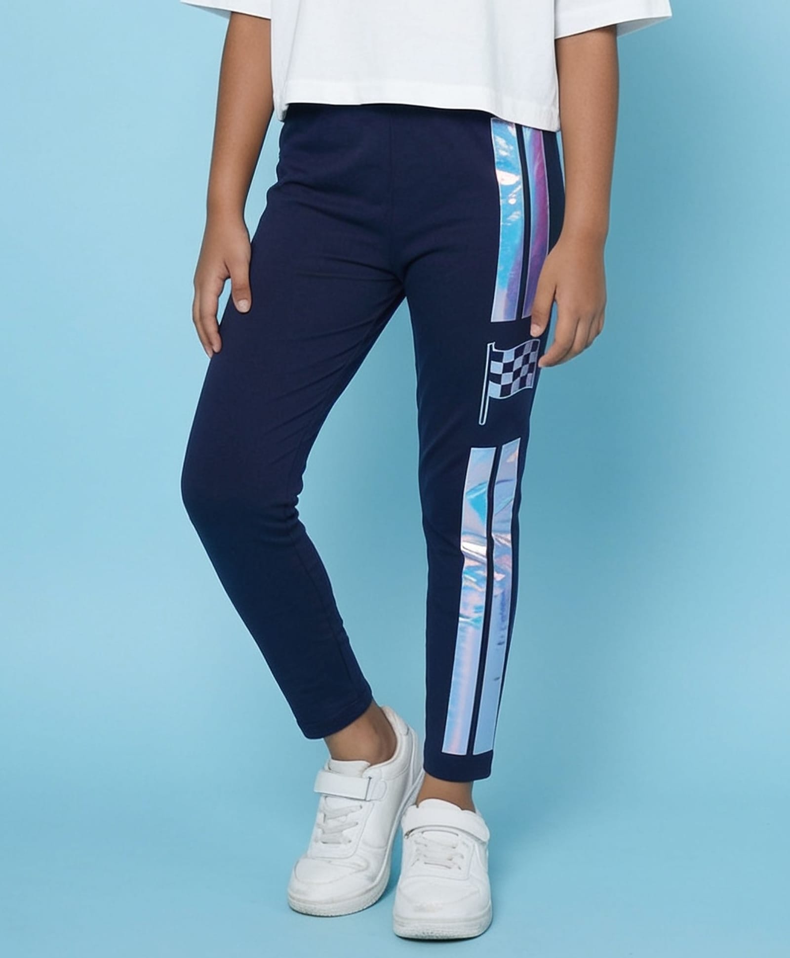 Kiddopanti Cotton Spandex Knit Checkered Racing Flag Printed Leggings - Navy Blue-picture-11