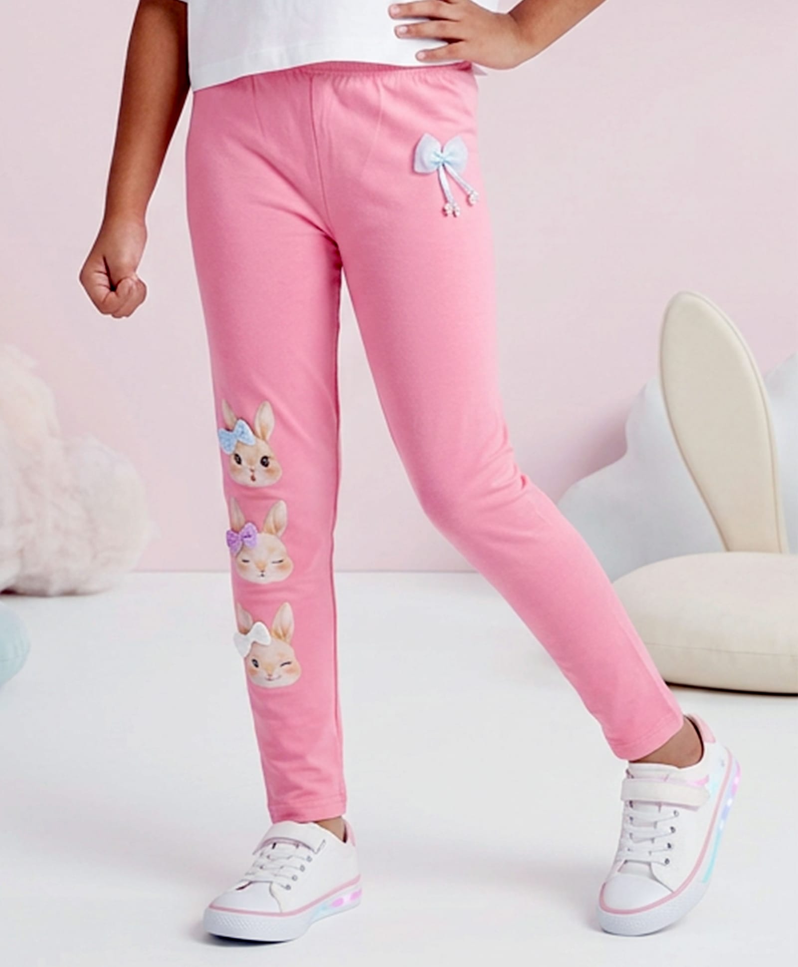 Kiddopanti Cotton Spandex Knit Bunny Printed & Bow Applique Detailed Leggings - Baby Pink-picture-23
