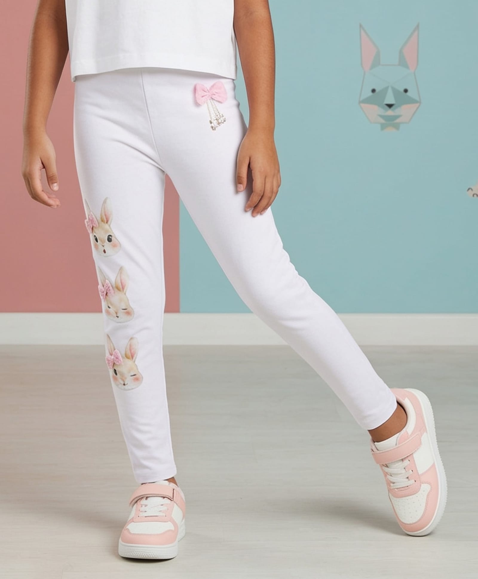 Kiddopanti Cotton Spandex Knit Bunny Printed & Bow Applique Detailed Leggings - White-picture-28