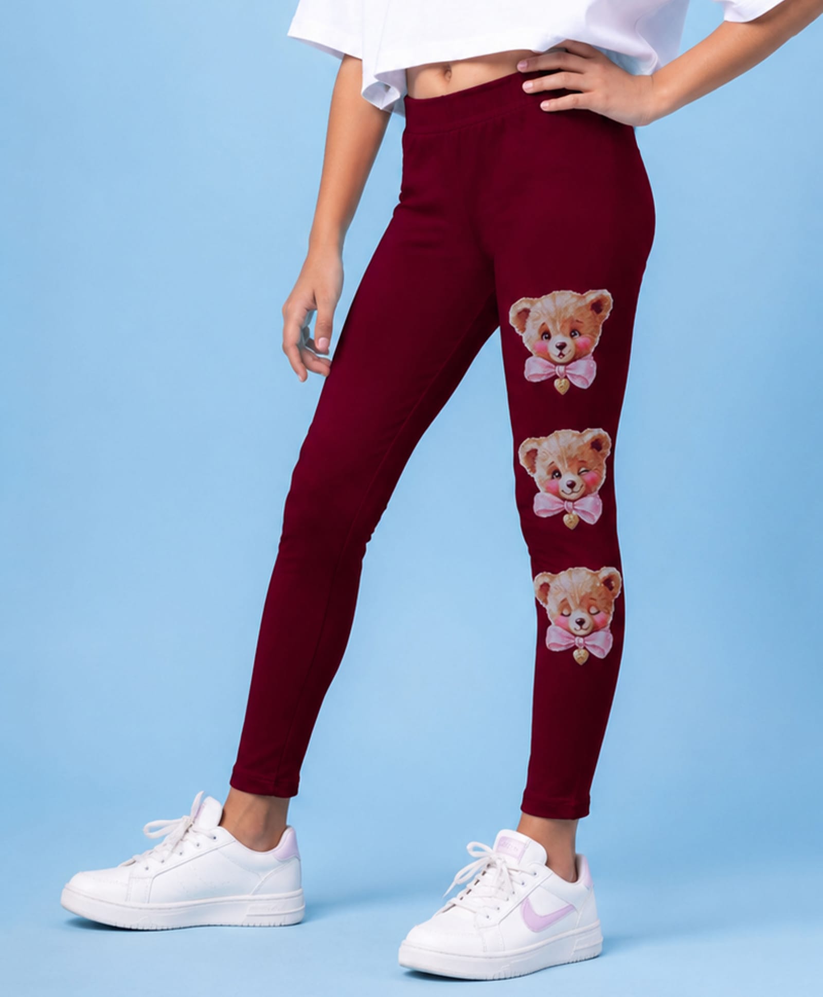 Kiddopanti Cotton Spandex Knit Teddy Bear Printed Leggings - Maroon-image-13