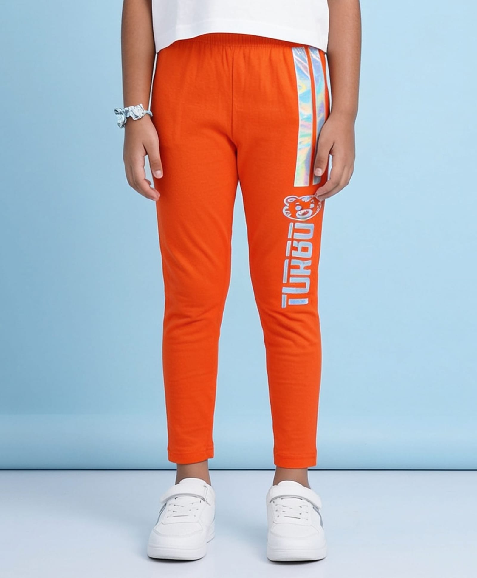 Kiddopanti Cotton Spandex Knit Turbo Text & Animal Printed Leggings - Orange-picture-14