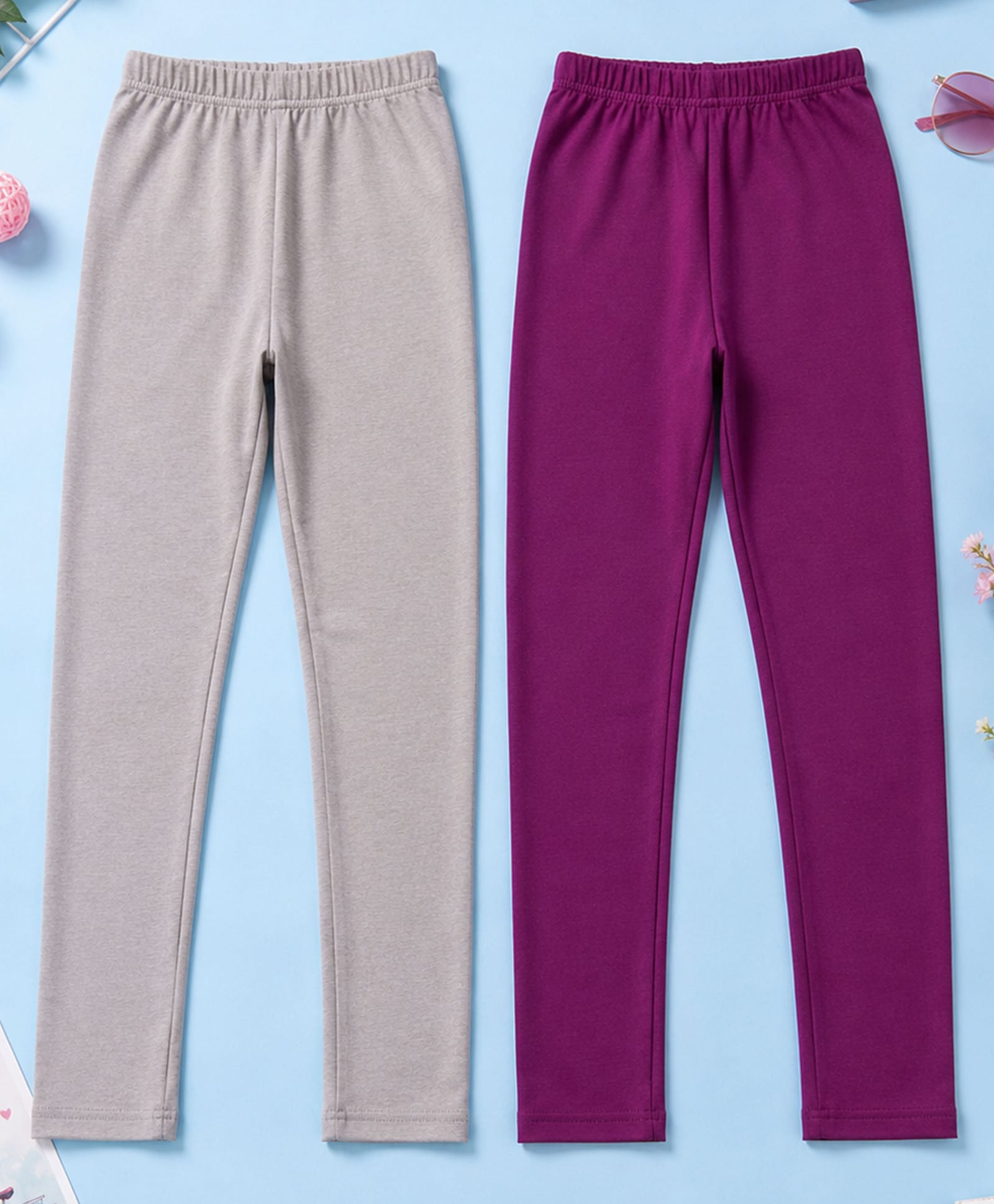 Kiddopanti Cotton Spandex Knit Pack Of 2 Solid Leggings - Light Grey & Purple-picture-14