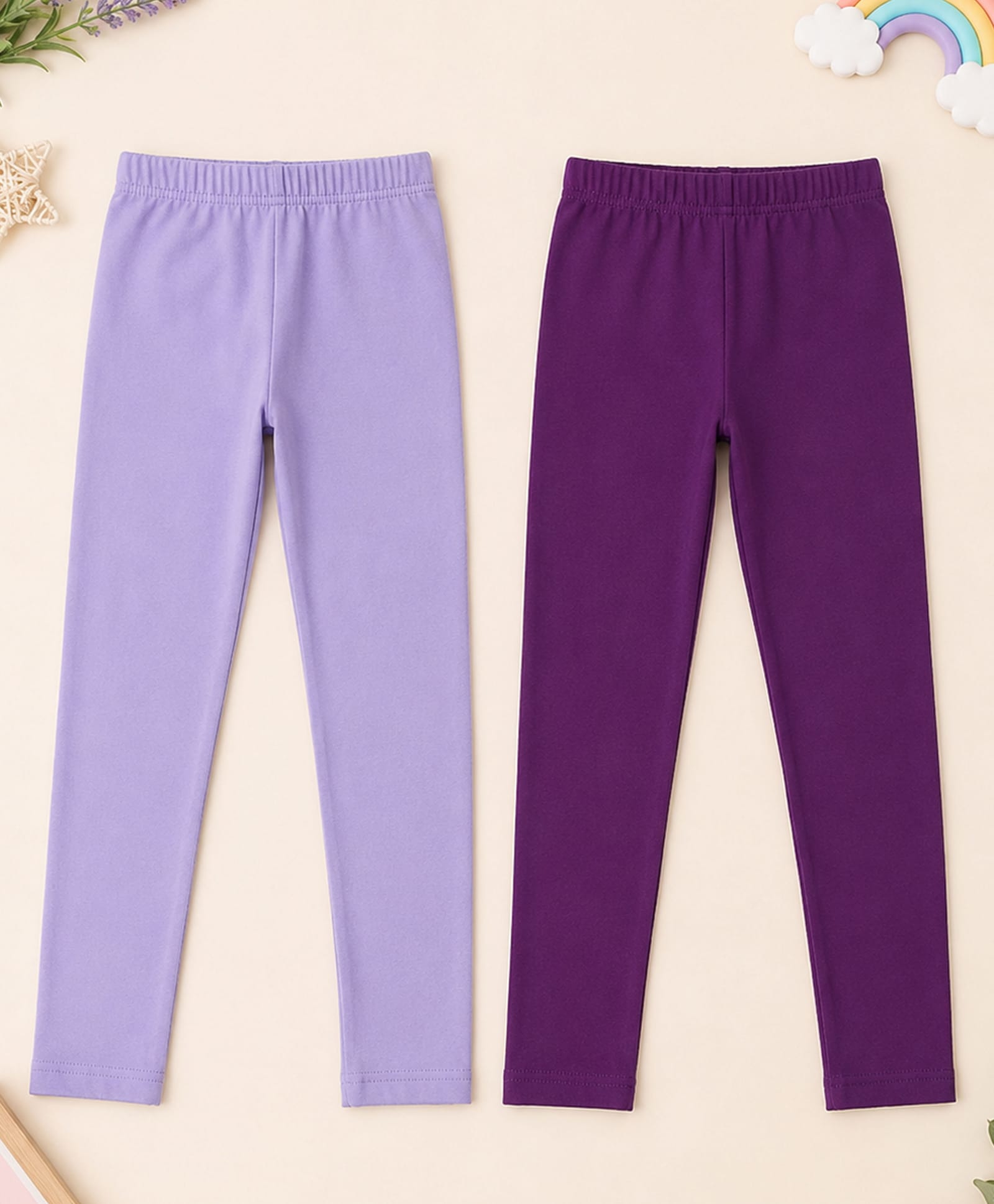 Kiddopanti Cotton Spandex Knit Pack Of 2 Solid Leggings - Lavender & Purple-picture-20