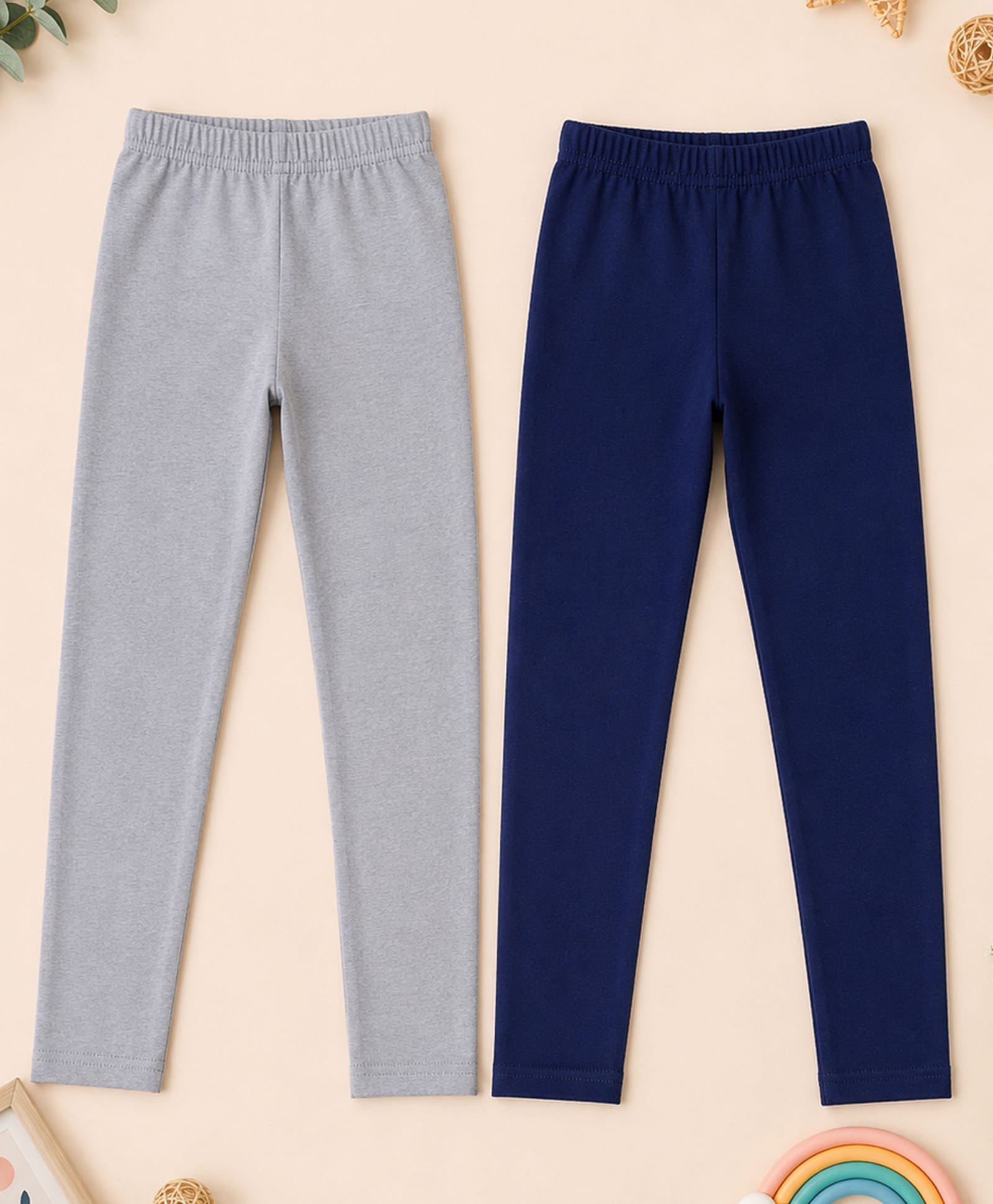 Kiddopanti Cotton Spandex Knit Pack Of 2 Solid Leggings - Navy Blue & Light Grey-picture-21