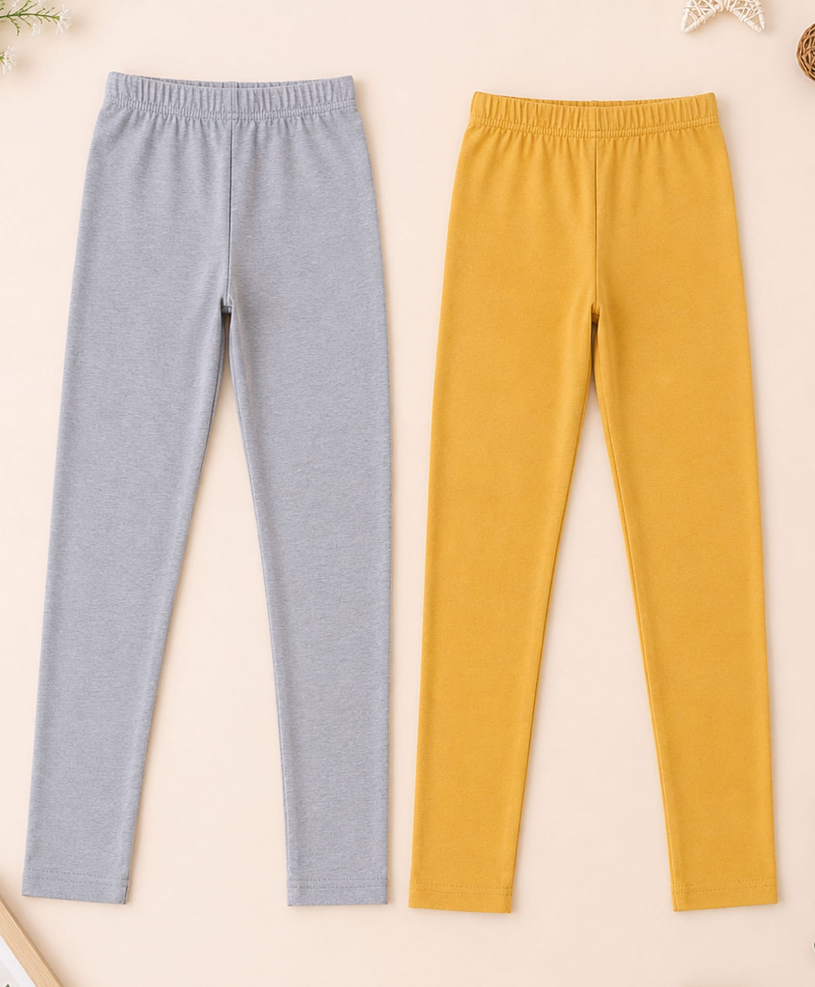 Kiddopanti Cotton Spandex Knit Pack Of 2 Solid Leggings - Light Grey & Golden-picture-28