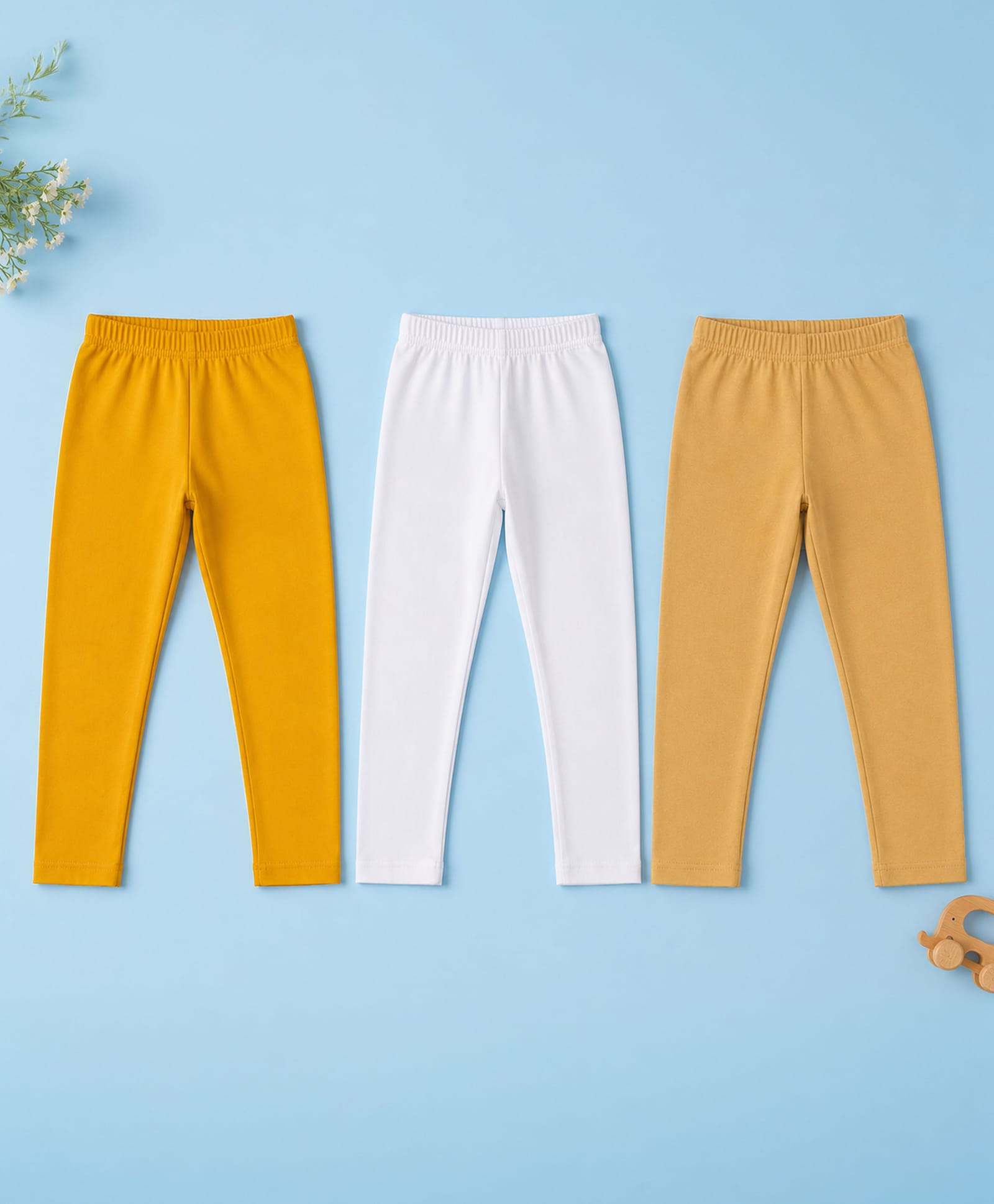 Kiddopanti Cotton Spandex Knit Pack Of 3 Solid Leggings - Mustard Golden & White-image-11