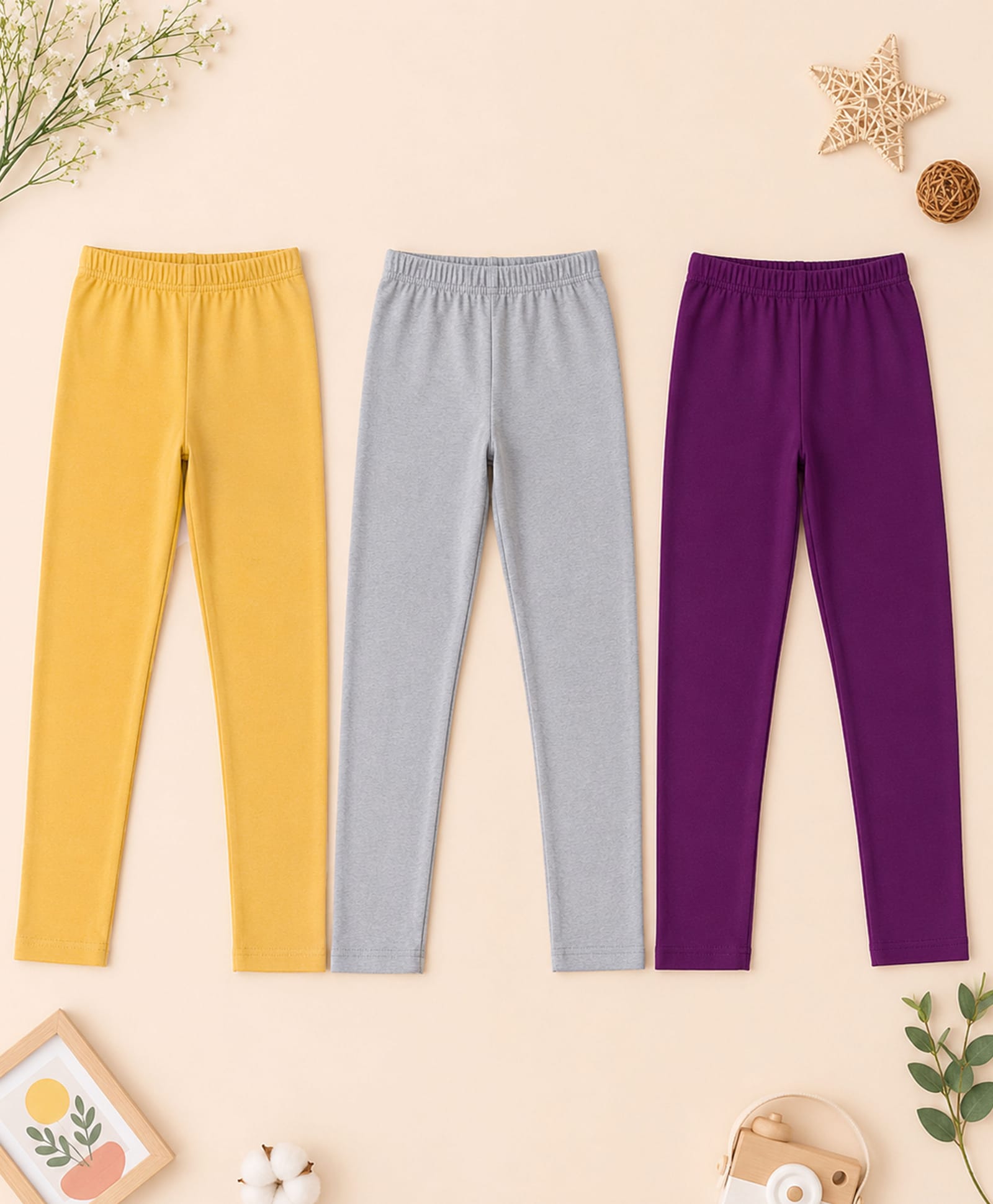Kiddopanti Cotton Spandex Knit Pack Of 3 Solid Leggings - Golden Light Grey & Purple-picture-15