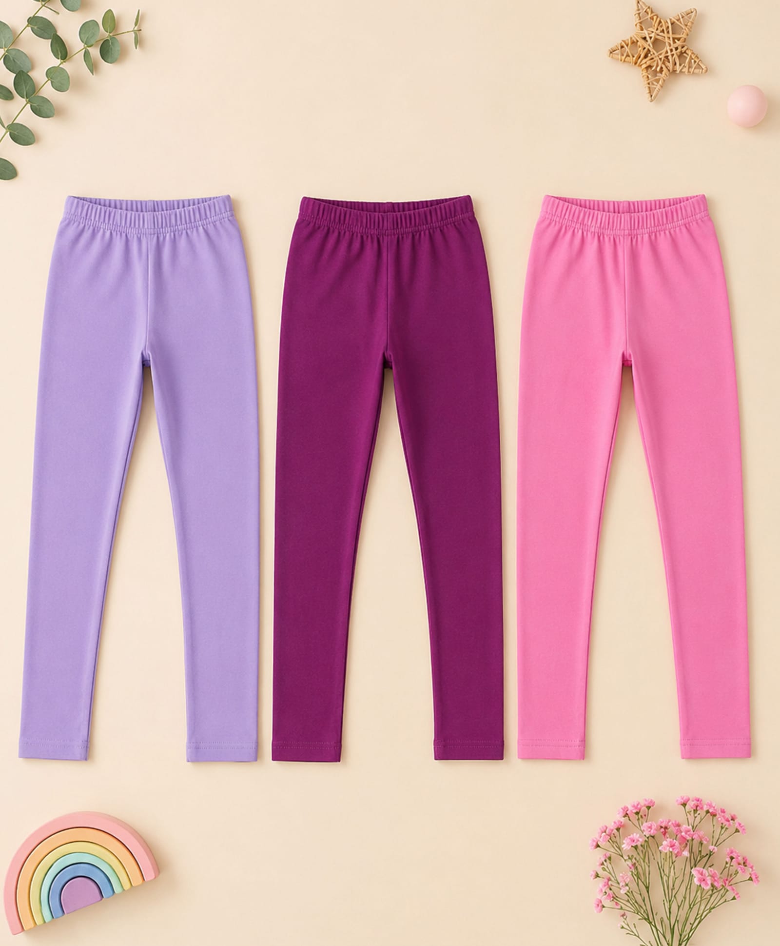 Kiddopanti Cotton Spandex Knit Pack Of 3 Solid Leggings - Lavender Baby Pink & Purple-picture-20