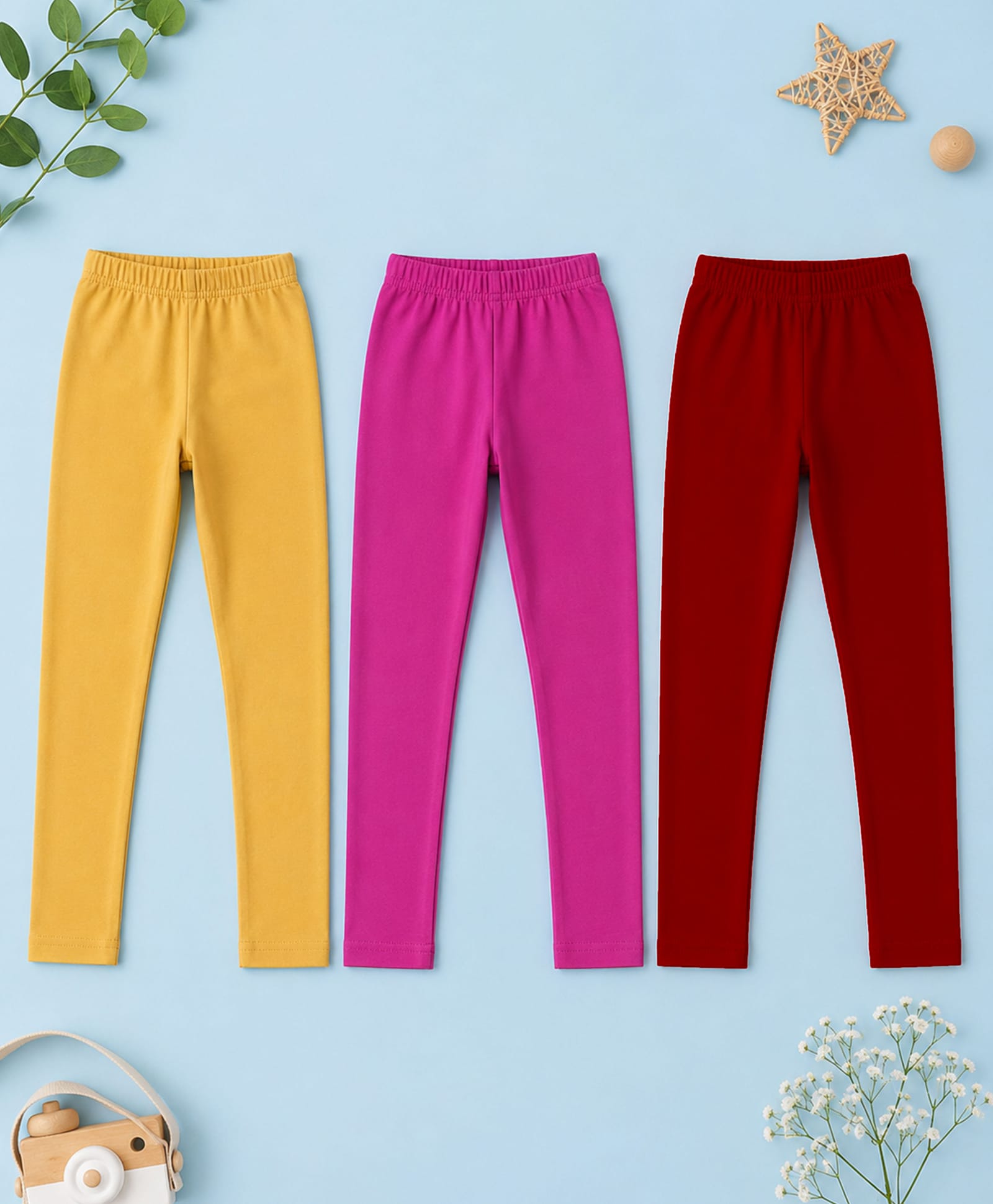 Kiddopanti Cotton Spandex Knit Pack Of 3 Solid Leggings - Onion Pink Golden & Red-picture-34