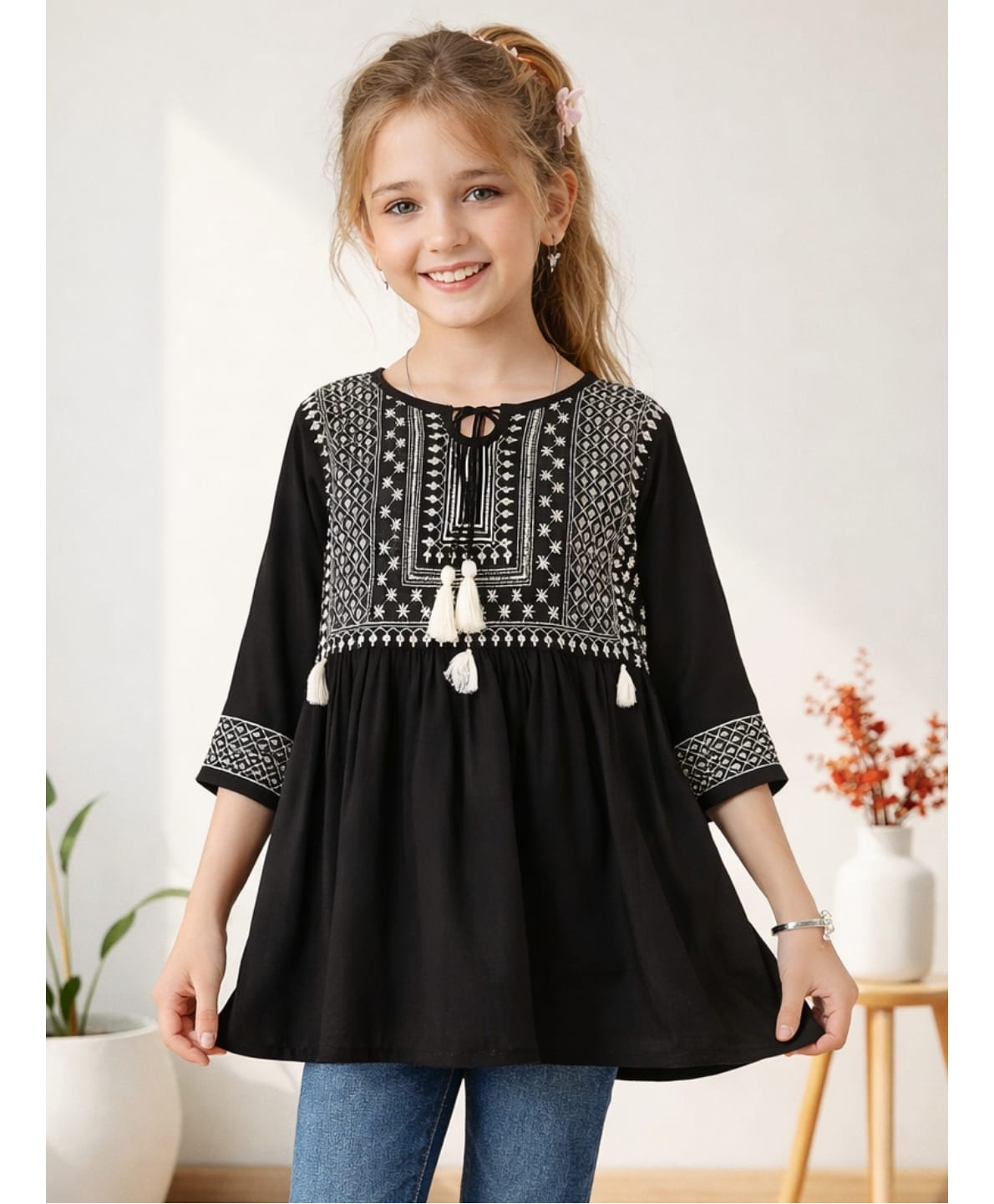 ISHTI Rayon Woven Three Fourth Sleeves Abstract Embroidered Tassels Detailed Top - Black-picture-28