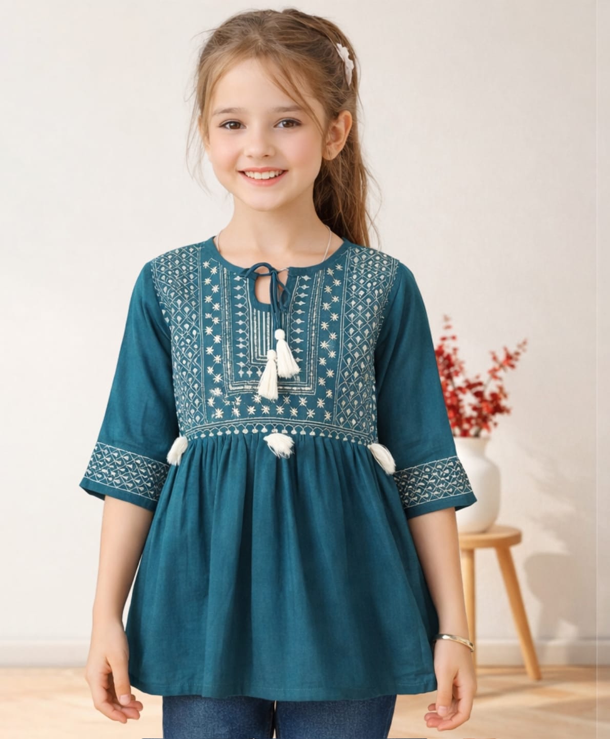 ISHTI Rayon Woven Three Fourth Sleeves Abstract Embroidered Tassels Detailed Top - Teal Blue-picture-26