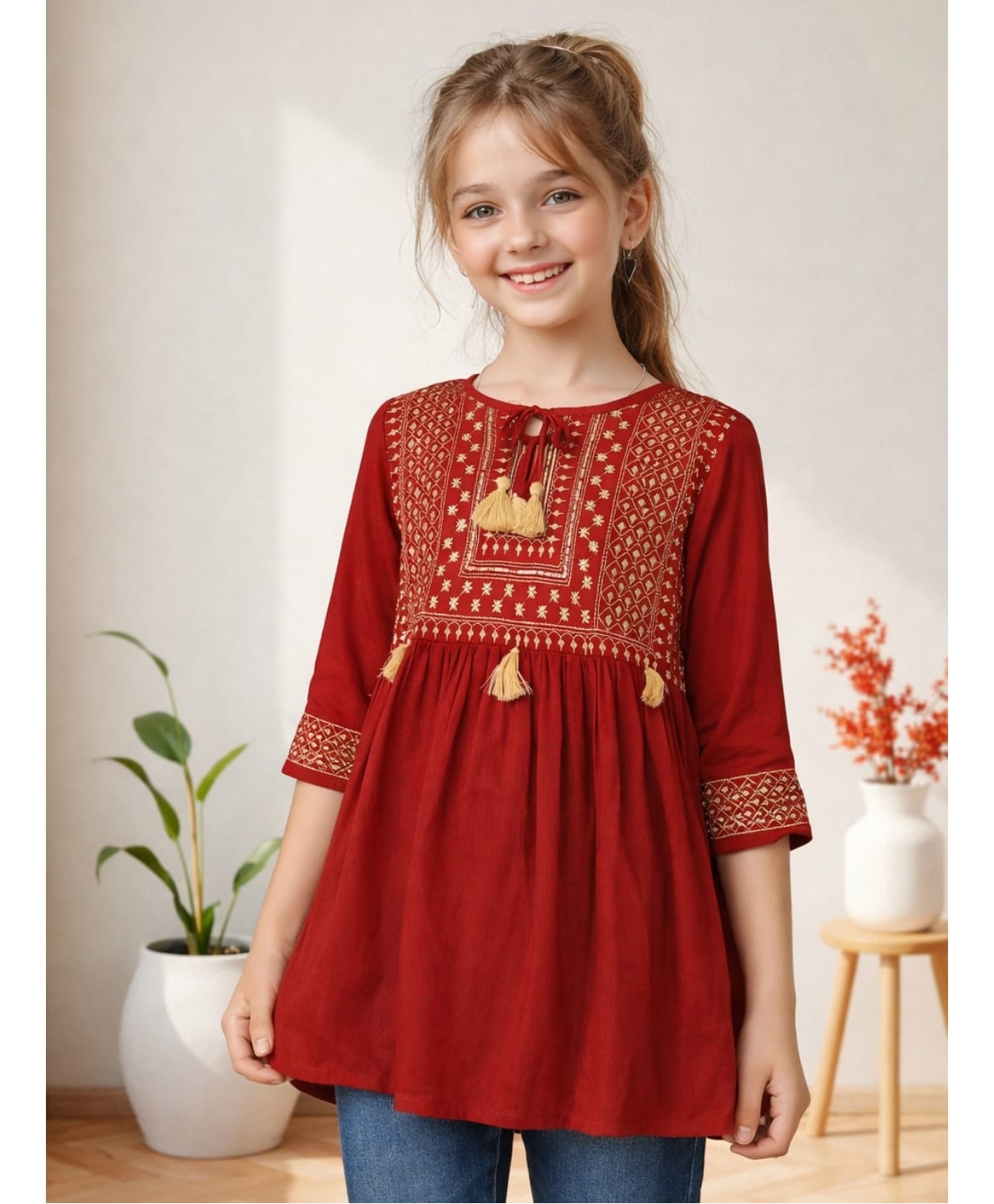 ISHTI Rayon Woven Three Fourth Sleeves Abstract Embroidered Tassels Detailed Top - Maroon-picture-24