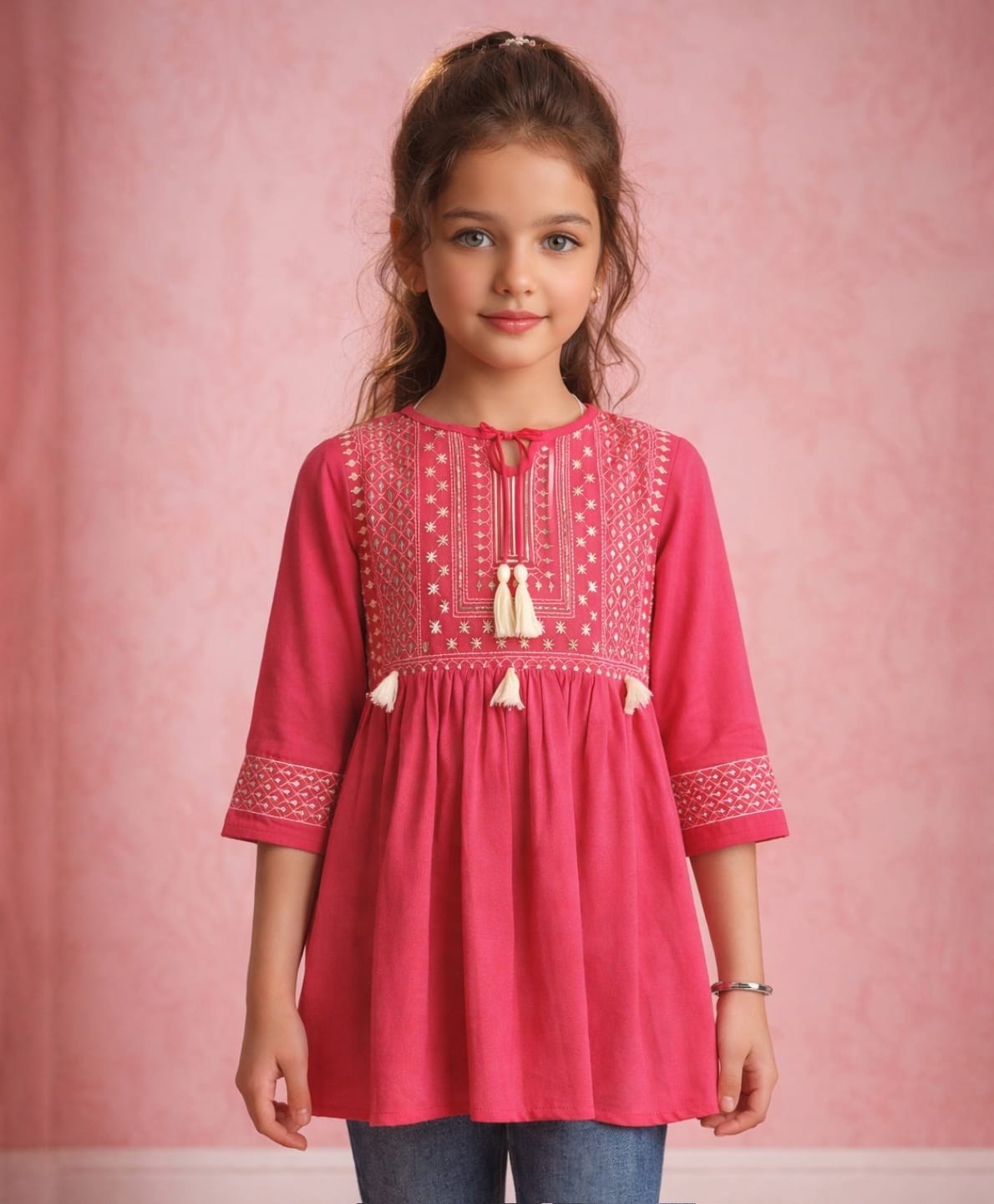 ISHTI Rayon Woven Three Fourth Sleeves Abstract Embroidered Tassels Detailed Top - Fuchsia-picture-23