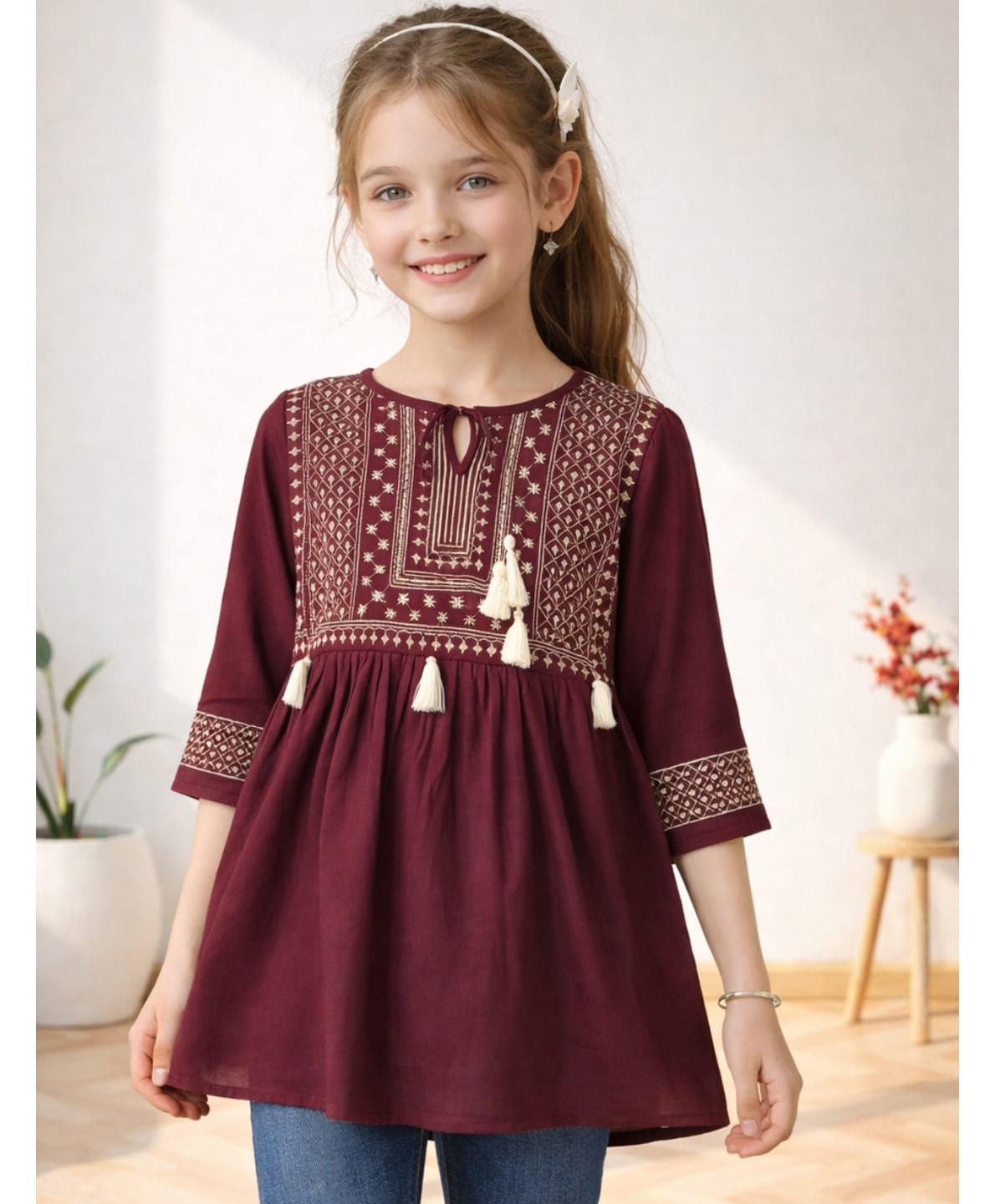 ISHTI Rayon Woven Three Fourth Sleeves Abstract Embroidered Tassels Detailed Top - Wine-picture-27