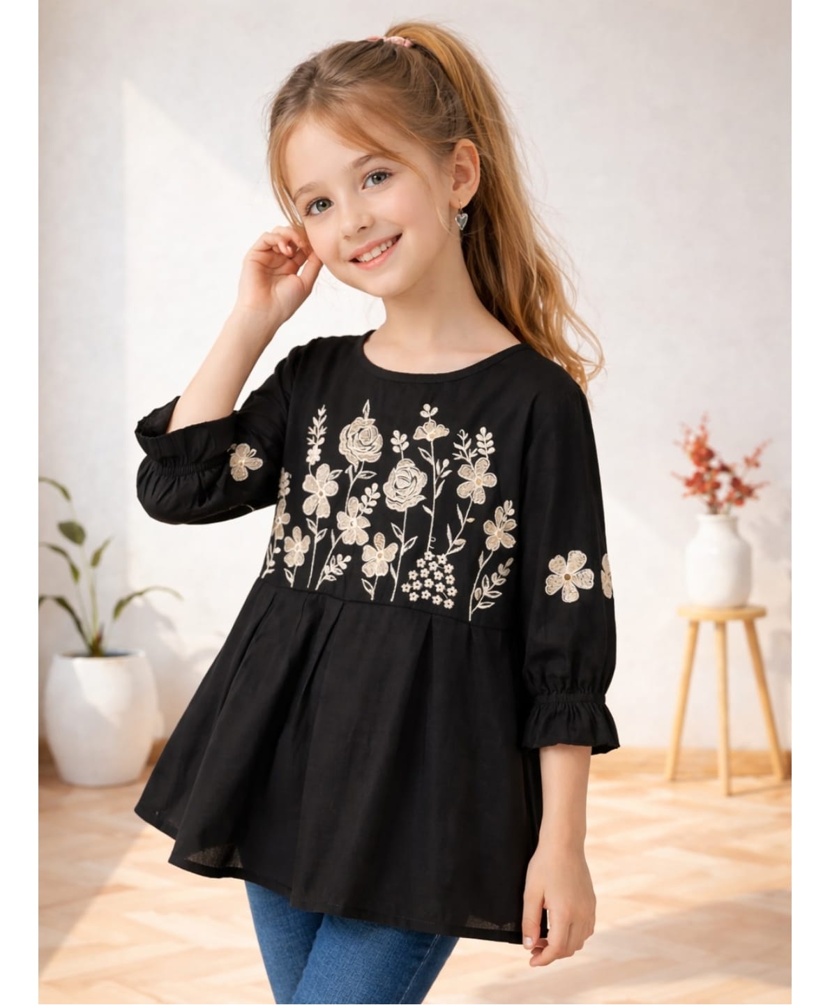 ISHTI Rayon Woven Three Fourth Sleeves Floral Embroidered Top - Black-picture-16